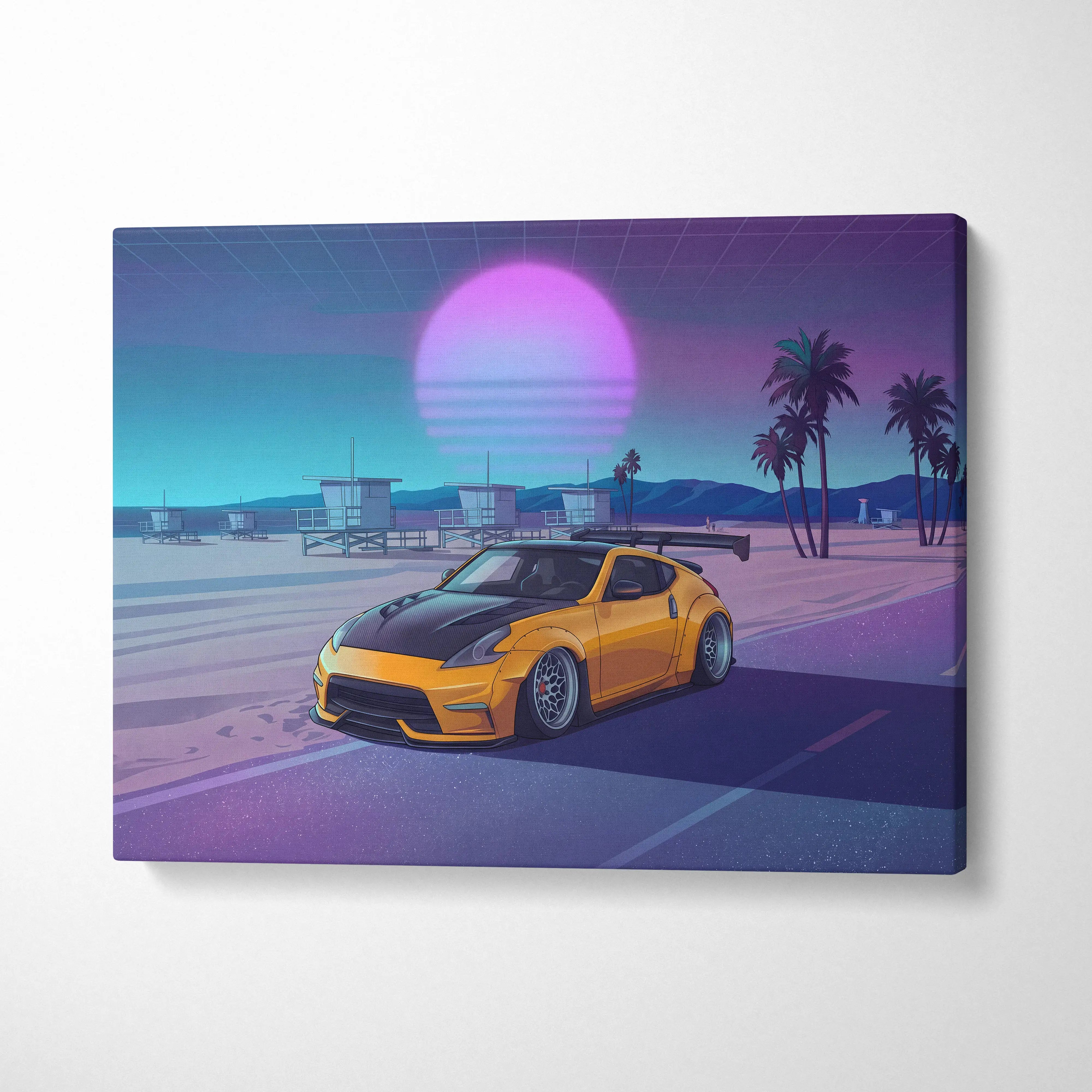 Nissan 370Z Inspired Yellow Purple Beach Canvas Wall Art Vaporwave JDM Car Artwork, Neon Sunset Coastal Garage Decor Retro Futuristic Print