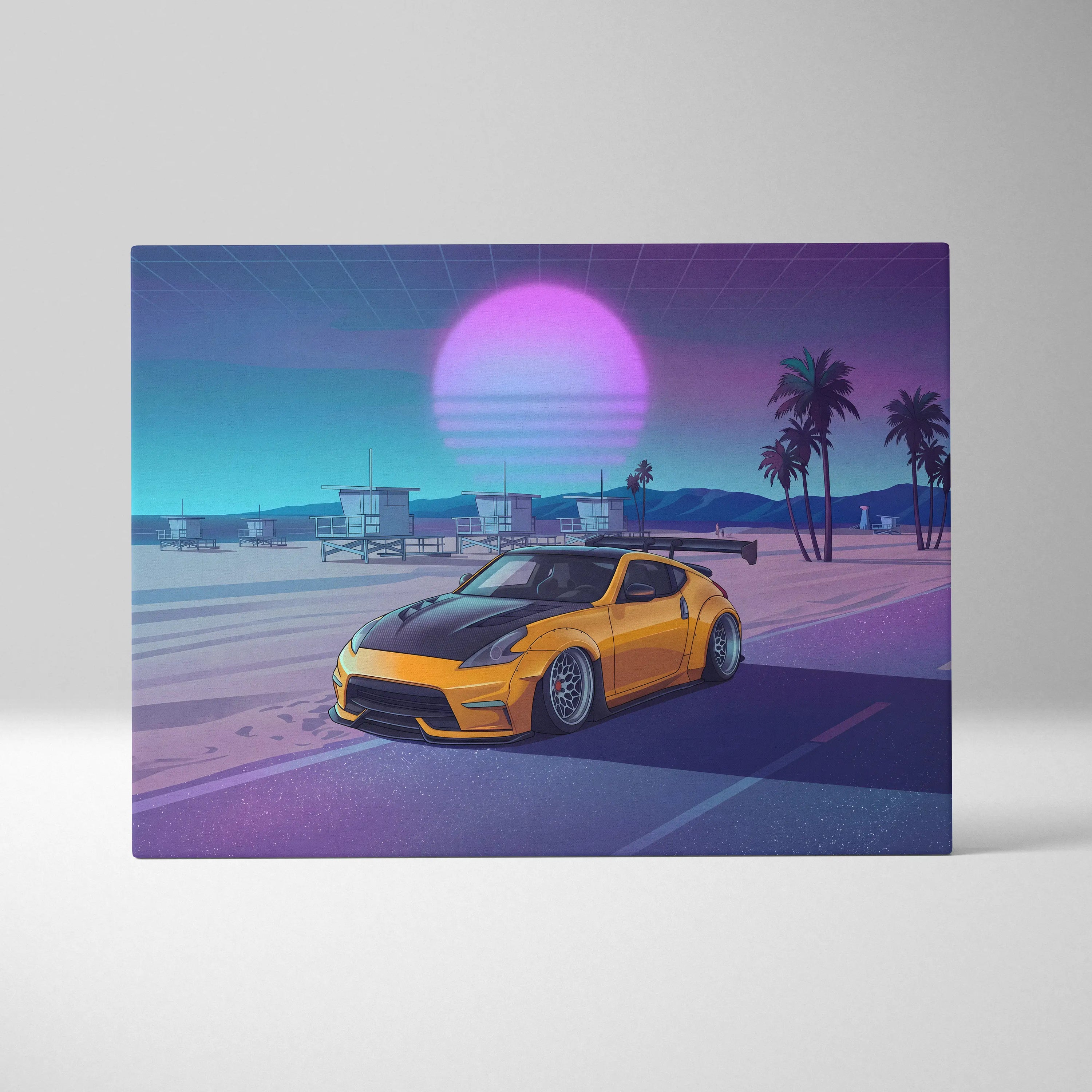 Nissan 370Z Inspired Yellow Purple Beach Canvas Wall Art Vaporwave JDM Car Artwork, Neon Sunset Coastal Garage Decor Retro Futuristic Print