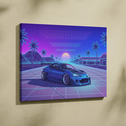 Subaru BRZ Inspired Blue Purple Canvas Wall Art Vaporwave JDM Car Artwork, Neon Grid Palm Garage Decor Retro Futuristic Print