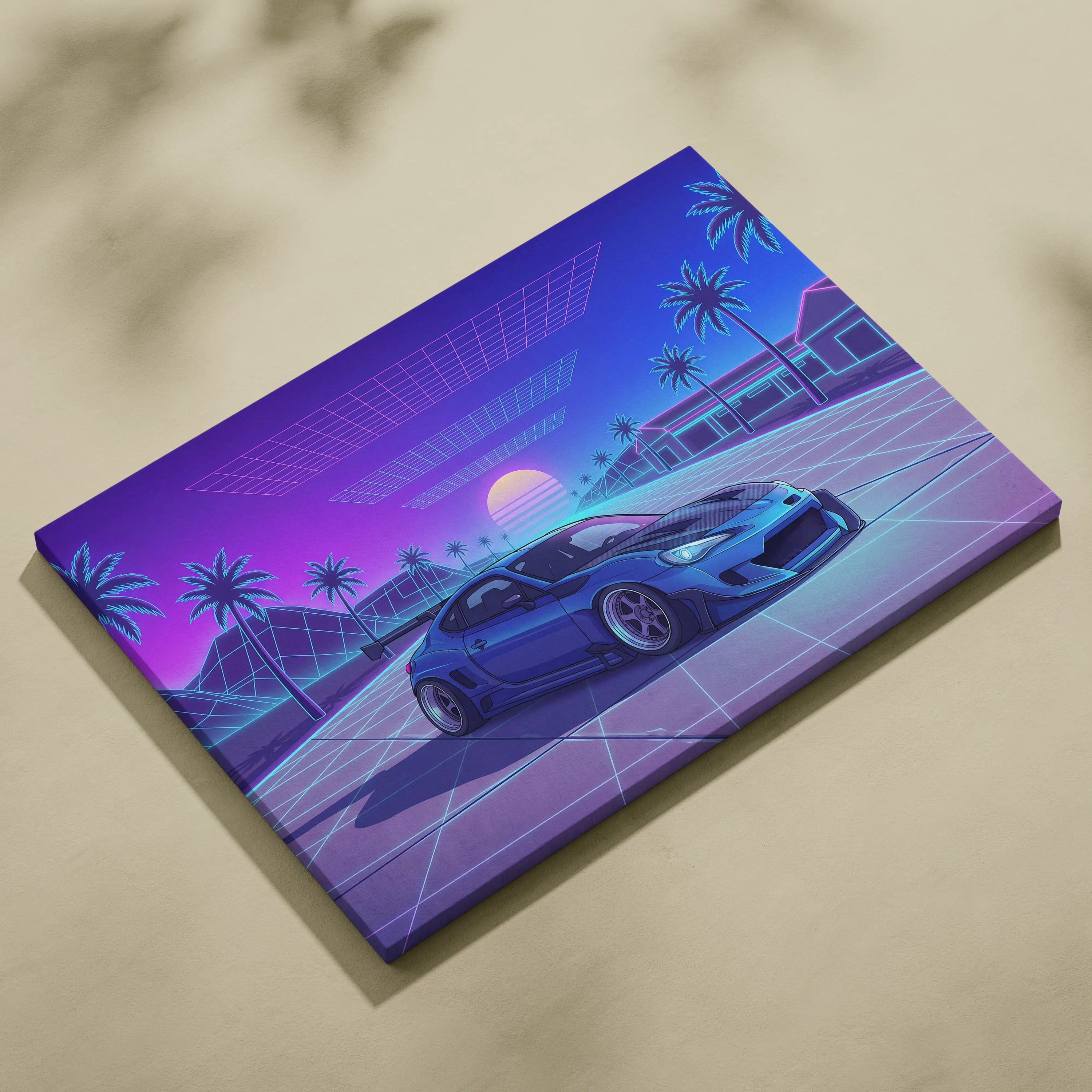 Subaru BRZ Inspired Blue Purple Canvas Wall Art Vaporwave JDM Car Artwork, Neon Grid Palm Garage Decor Retro Futuristic Print