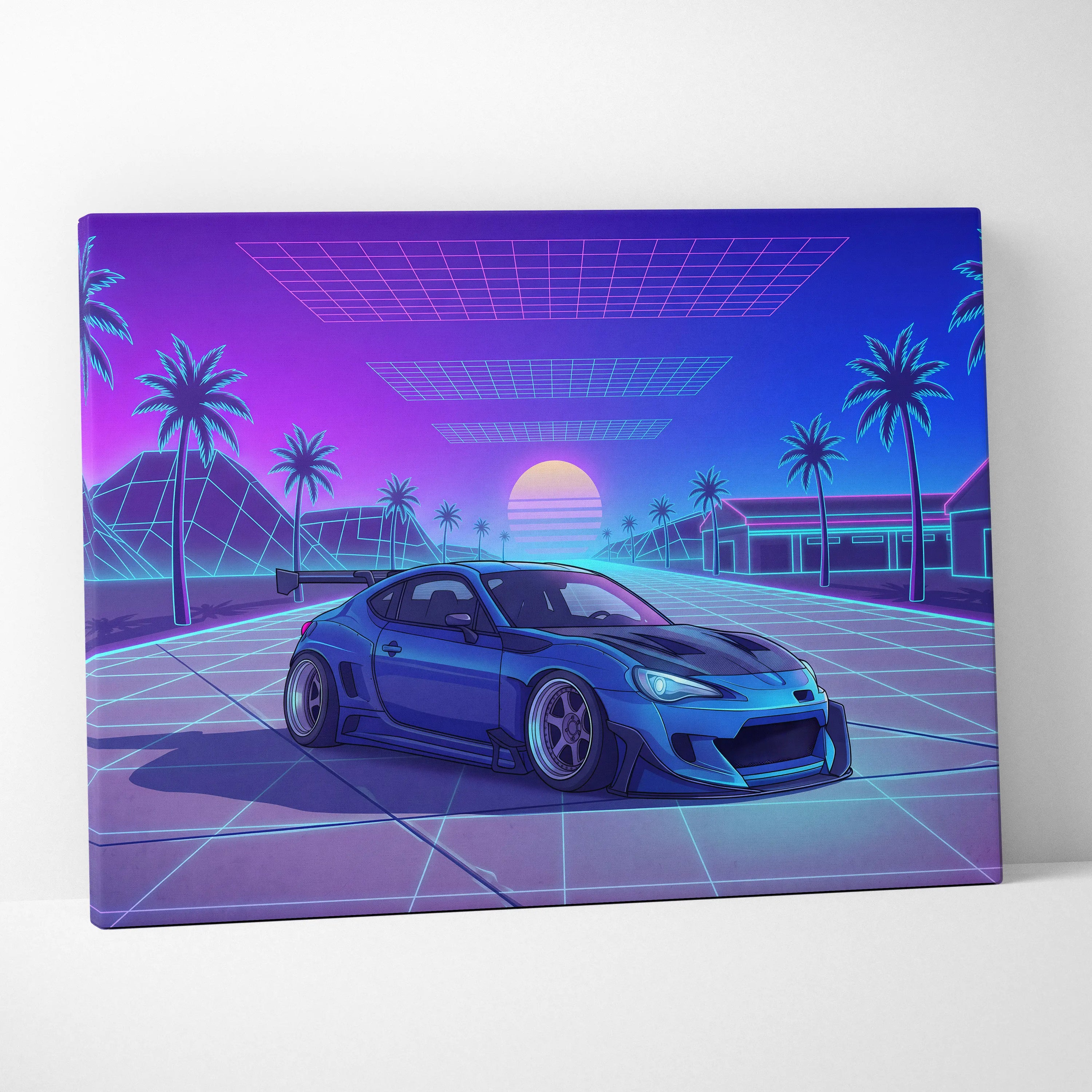 Subaru BRZ Inspired Blue Purple Canvas Wall Art Vaporwave JDM Car Artwork, Neon Grid Palm Garage Decor Retro Futuristic Print