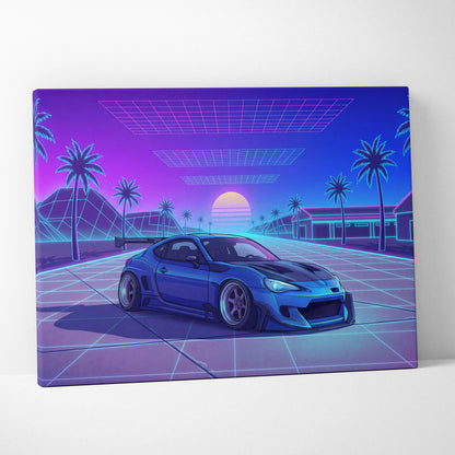 Subaru BRZ Inspired Blue Purple Canvas Wall Art Vaporwave JDM Car Artwork, Neon Grid Palm Garage Decor Retro Futuristic Print