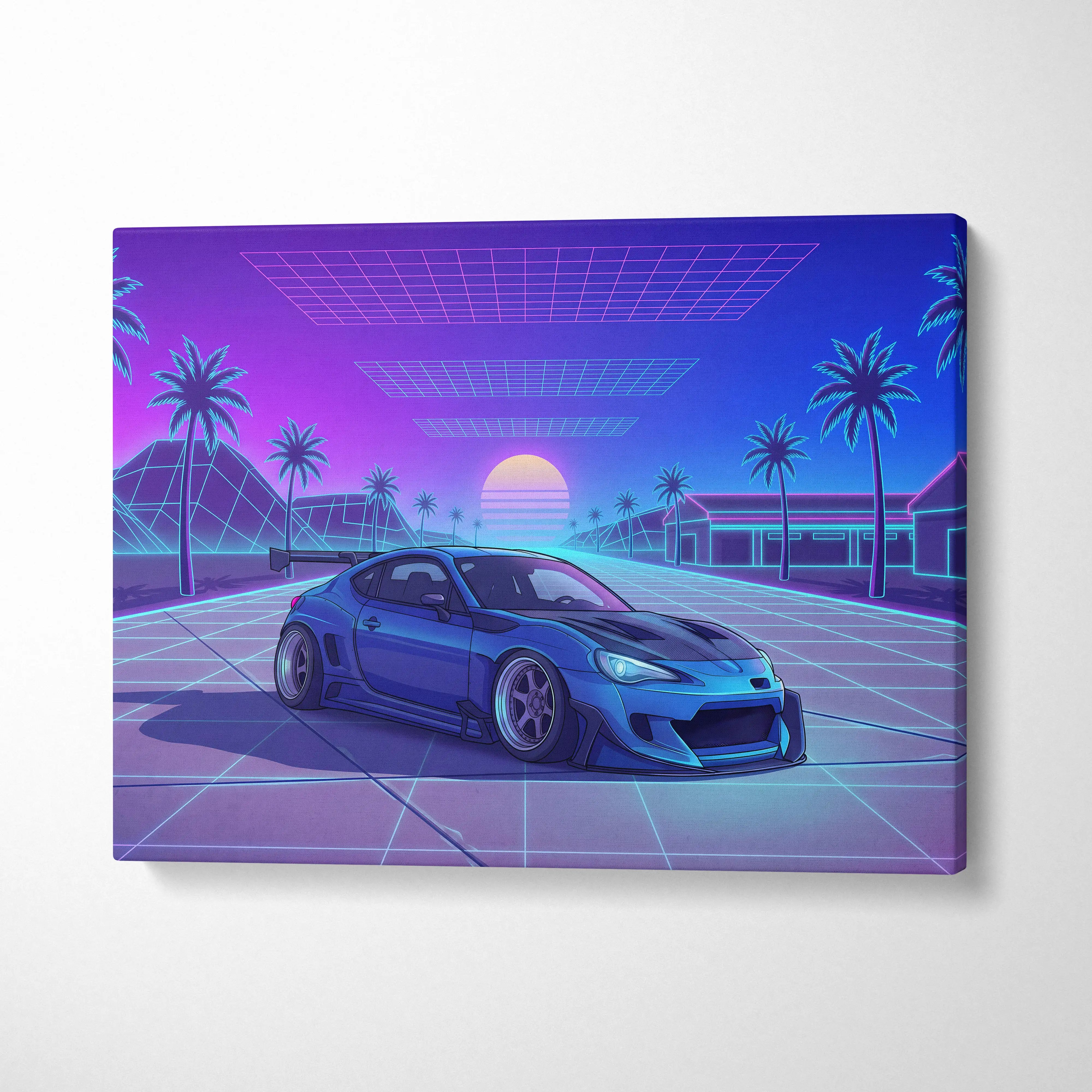 Subaru BRZ Inspired Blue Purple Canvas Wall Art Vaporwave JDM Car Artwork, Neon Grid Palm Garage Decor Retro Futuristic Print