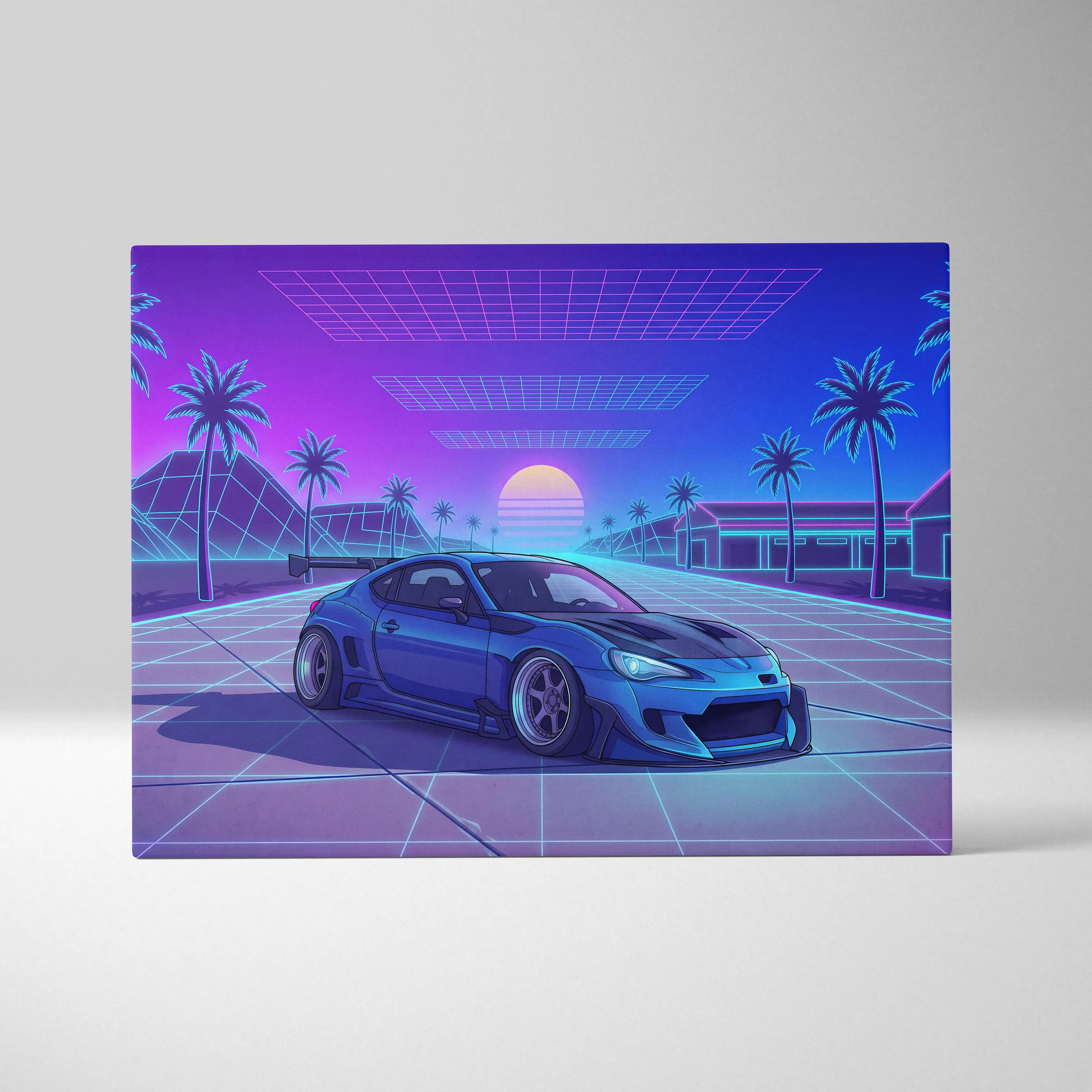 Subaru BRZ Inspired Blue Purple Canvas Wall Art Vaporwave JDM Car Artwork, Neon Grid Palm Garage Decor Retro Futuristic Print
