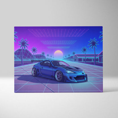 Subaru BRZ Inspired Blue Purple Canvas Wall Art Vaporwave JDM Car Artwork, Neon Grid Palm Garage Decor Retro Futuristic Print