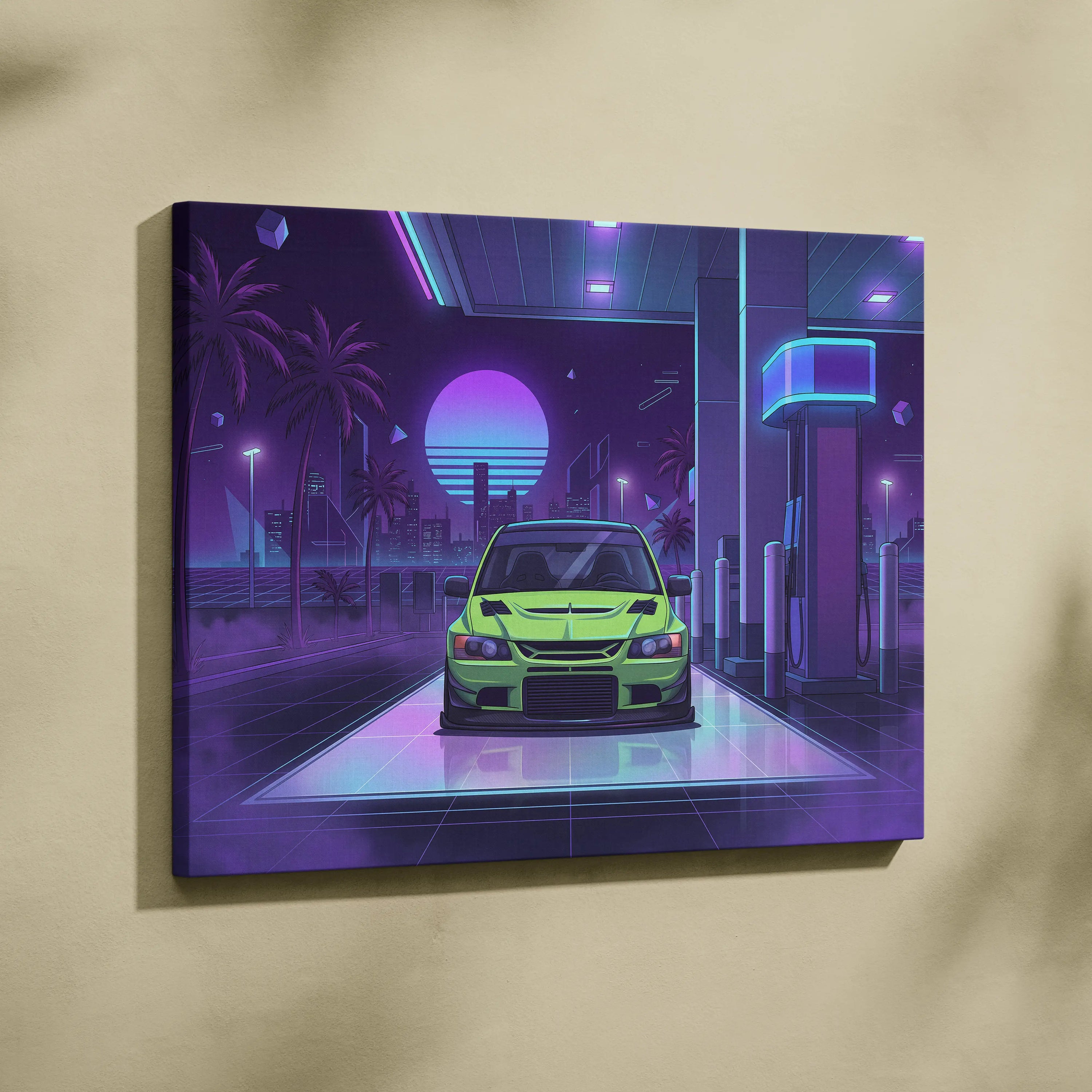 Mitsubishi Lancer Evo Inspired Green Purple City Canvas Wall Art Vaporwave JDM Car Artwork, Neon Gas Station Garage Decor Print