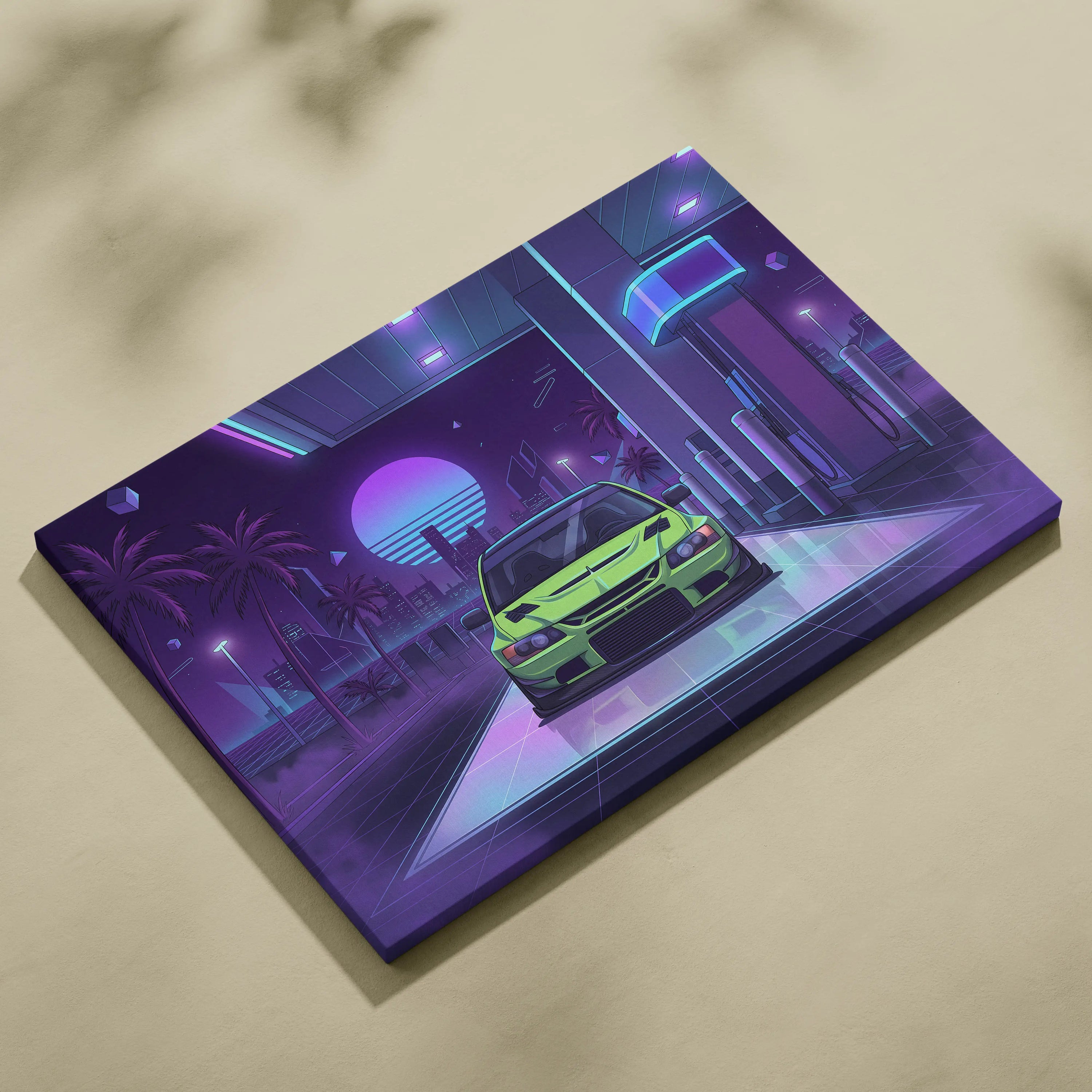 Mitsubishi Lancer Evo Inspired Green Purple City Canvas Wall Art Vaporwave JDM Car Artwork, Neon Gas Station Garage Decor Print