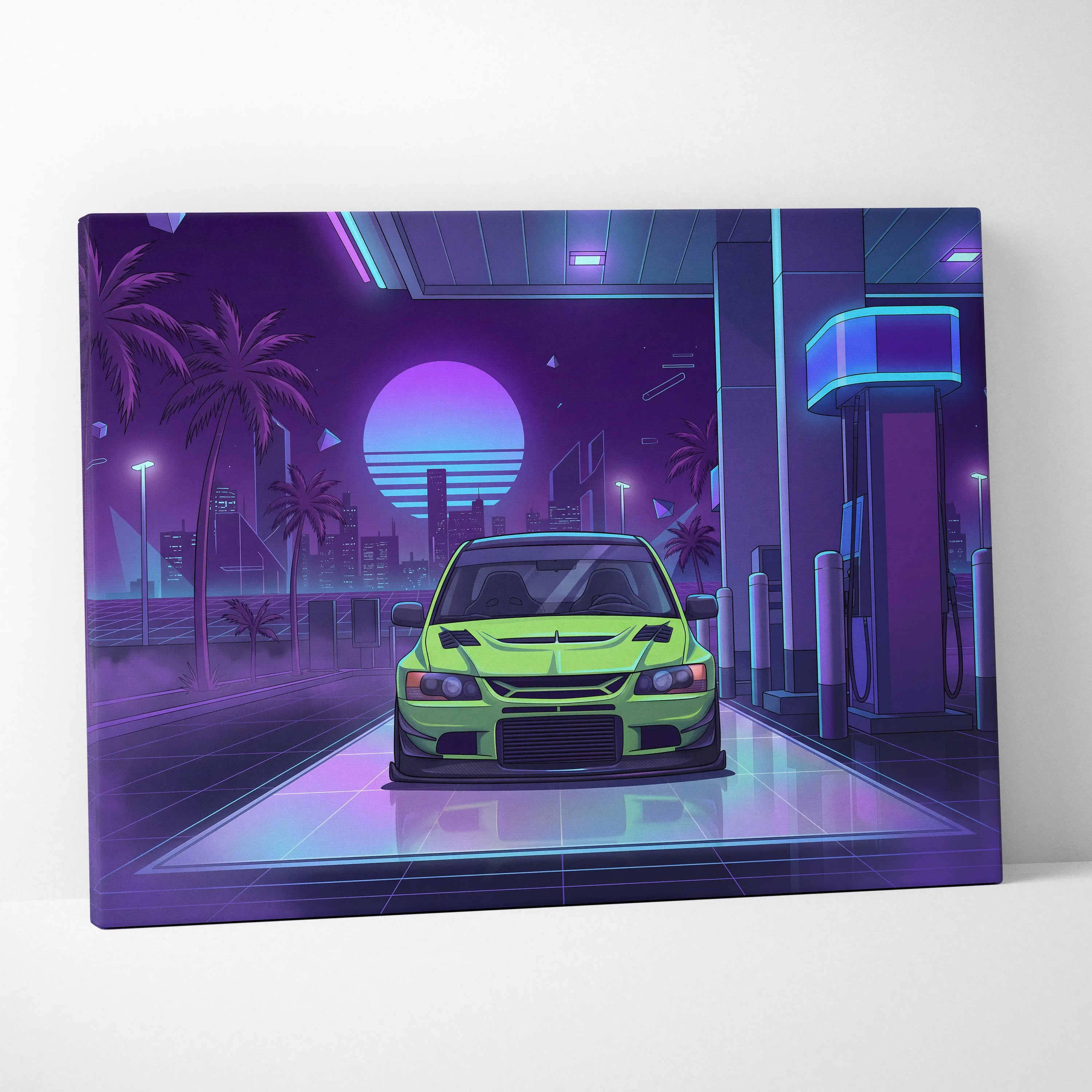 Mitsubishi Lancer Evo Inspired Green Purple City Canvas Wall Art Vaporwave JDM Car Artwork, Neon Gas Station Garage Decor Print