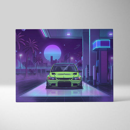 Mitsubishi Lancer Evo Inspired Green Purple City Canvas Wall Art Vaporwave JDM Car Artwork, Neon Gas Station Garage Decor Print
