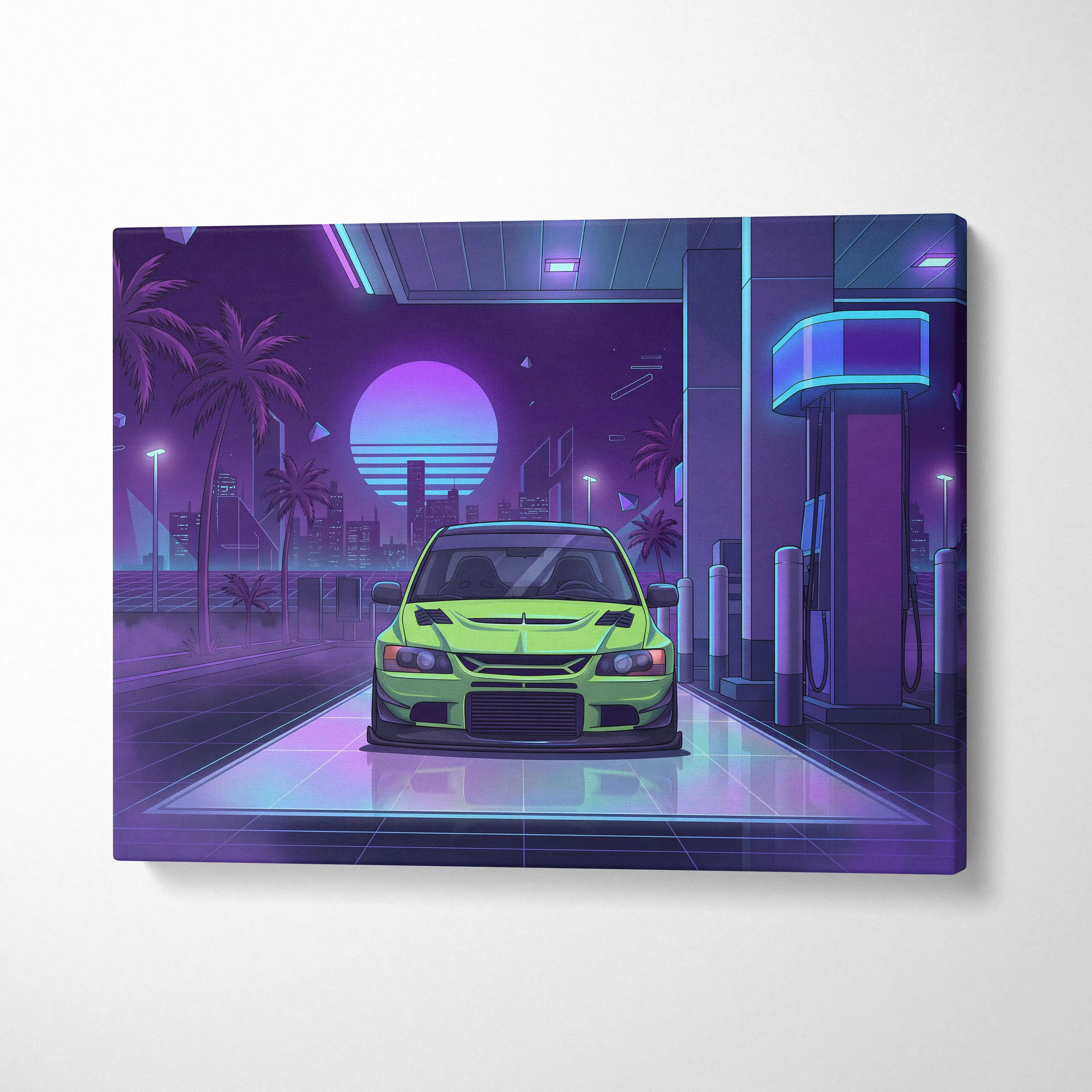Mitsubishi Lancer Evo Inspired Green Purple City Canvas Wall Art Vaporwave JDM Car Artwork, Neon Gas Station Garage Decor Print