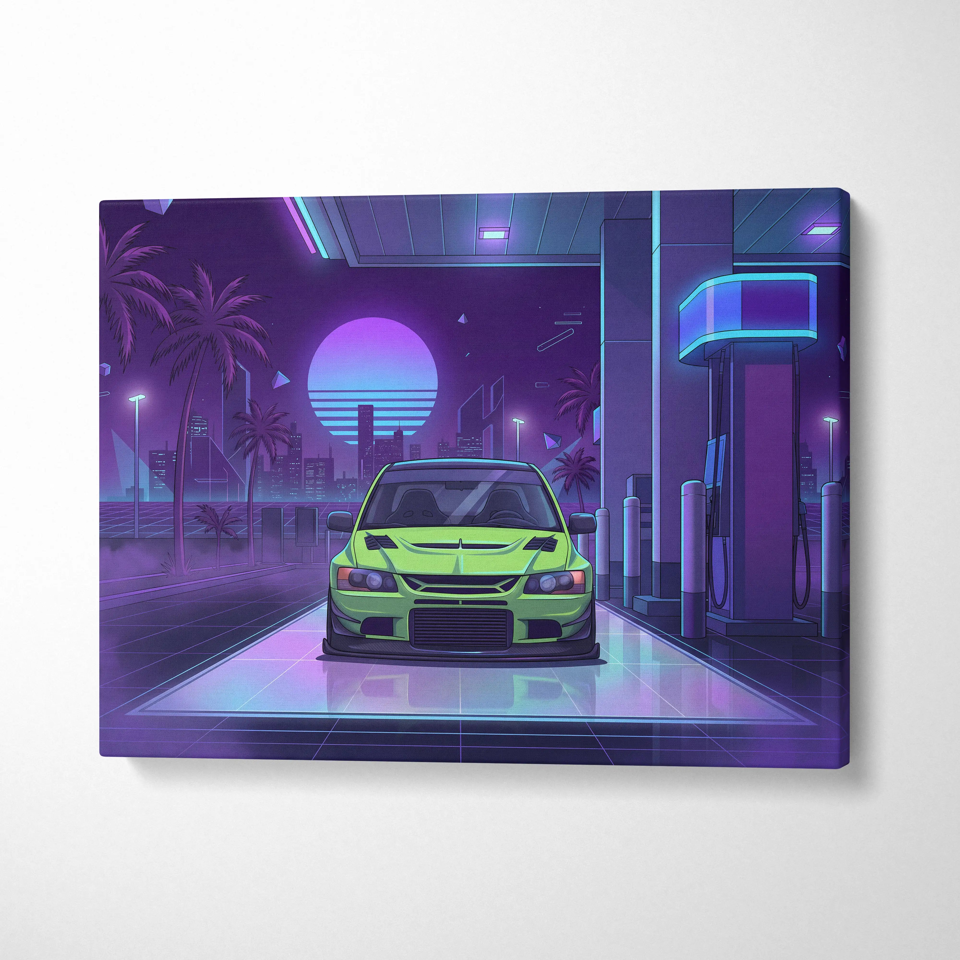 Mitsubishi Lancer Evo Inspired Green Purple City Canvas Wall Art Vaporwave JDM Car Artwork, Neon Gas Station Garage Decor Print