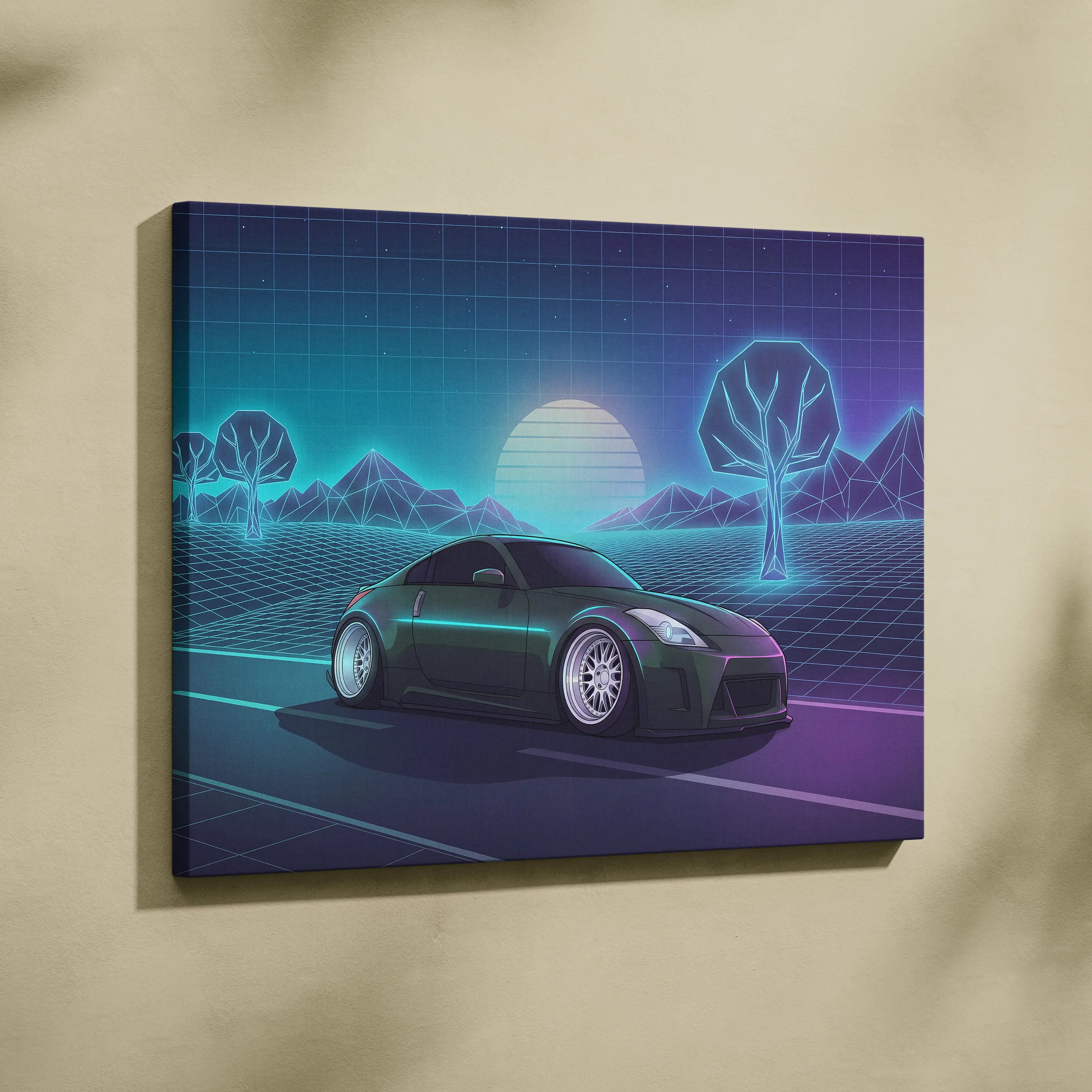 Nissan 350Z Inspired Green Teal Canvas Wall Art Vaporwave JDM Car Artwork, Neon Grid Landscape Garage Decor Retro Futuristic Print
