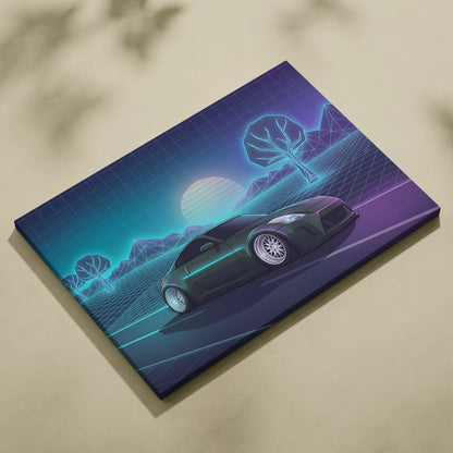 Nissan 350Z Inspired Green Teal Canvas Wall Art Vaporwave JDM Car Artwork, Neon Grid Landscape Garage Decor Retro Futuristic Print