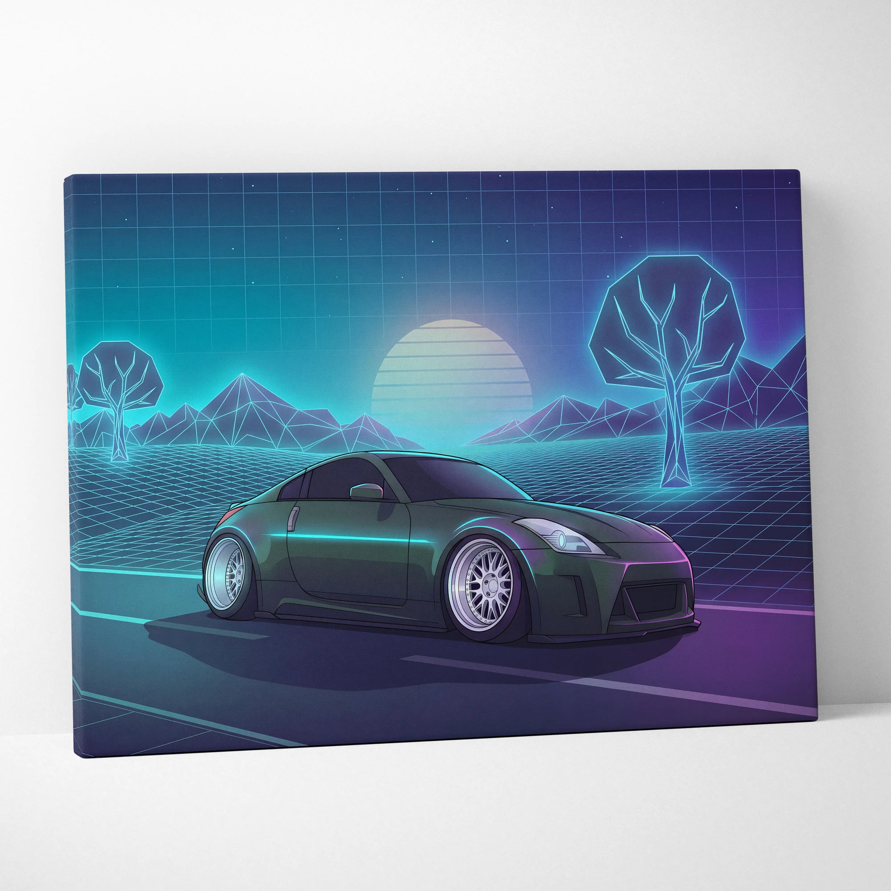 Nissan 350Z Inspired Green Teal Canvas Wall Art Vaporwave JDM Car Artwork, Neon Grid Landscape Garage Decor Retro Futuristic Print
