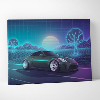 Nissan 350Z Inspired Green Teal Canvas Wall Art Vaporwave JDM Car Artwork, Neon Grid Landscape Garage Decor Retro Futuristic Print