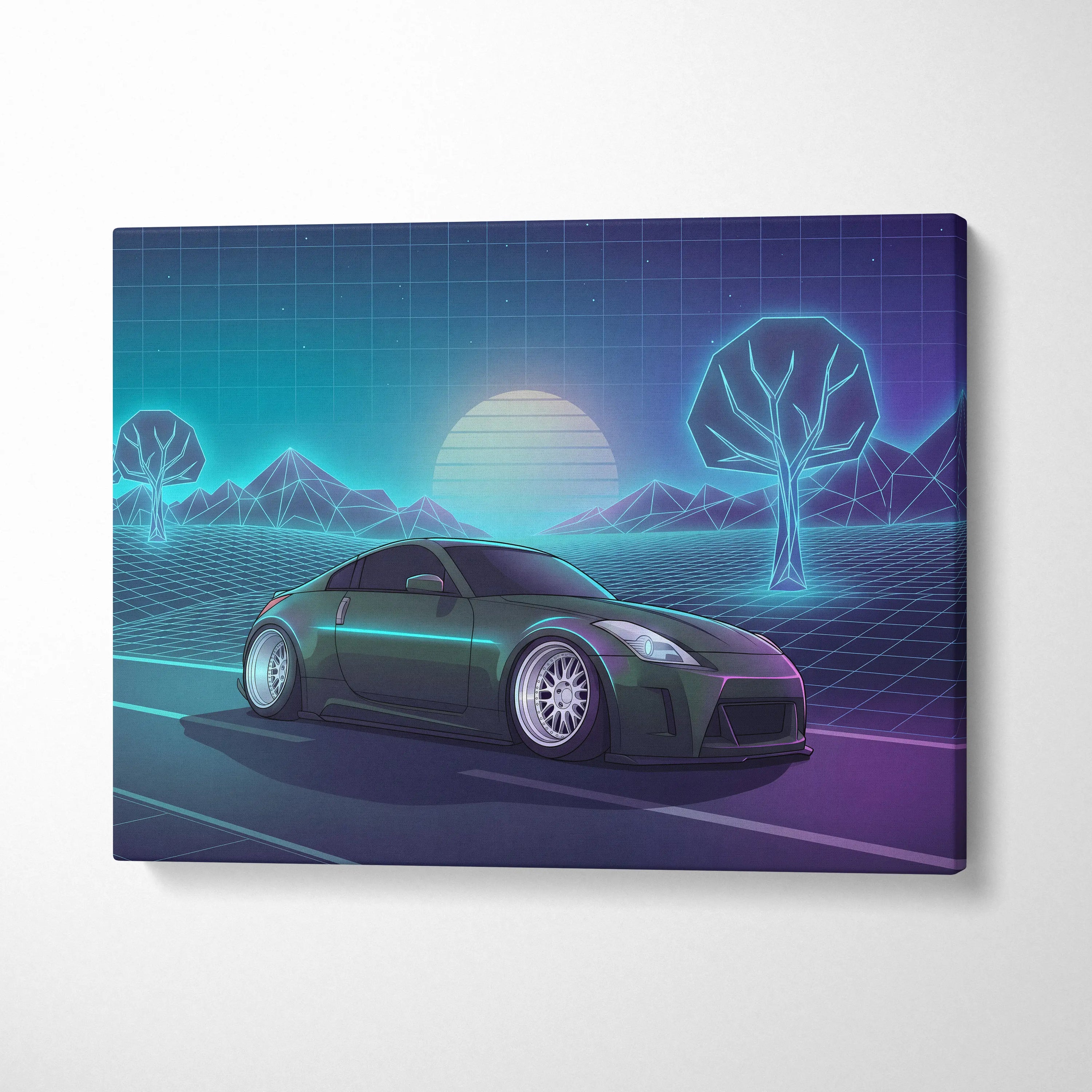 Nissan 350Z Inspired Green Teal Canvas Wall Art Vaporwave JDM Car Artwork, Neon Grid Landscape Garage Decor Retro Futuristic Print