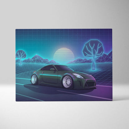 Nissan 350Z Inspired Green Teal Canvas Wall Art Vaporwave JDM Car Artwork, Neon Grid Landscape Garage Decor Retro Futuristic Print