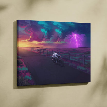 BMW R NineT Inspired Silver Purple Motorcycle Canvas Wall Art Vaporwave Storm Scene Café Racer Garage Decor Neon Lightning Road Artwork