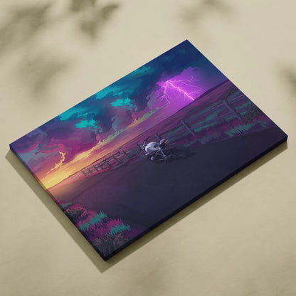 BMW R NineT Inspired Silver Purple Motorcycle Canvas Wall Art Vaporwave Storm Scene Café Racer Garage Decor Neon Lightning Road Artwork