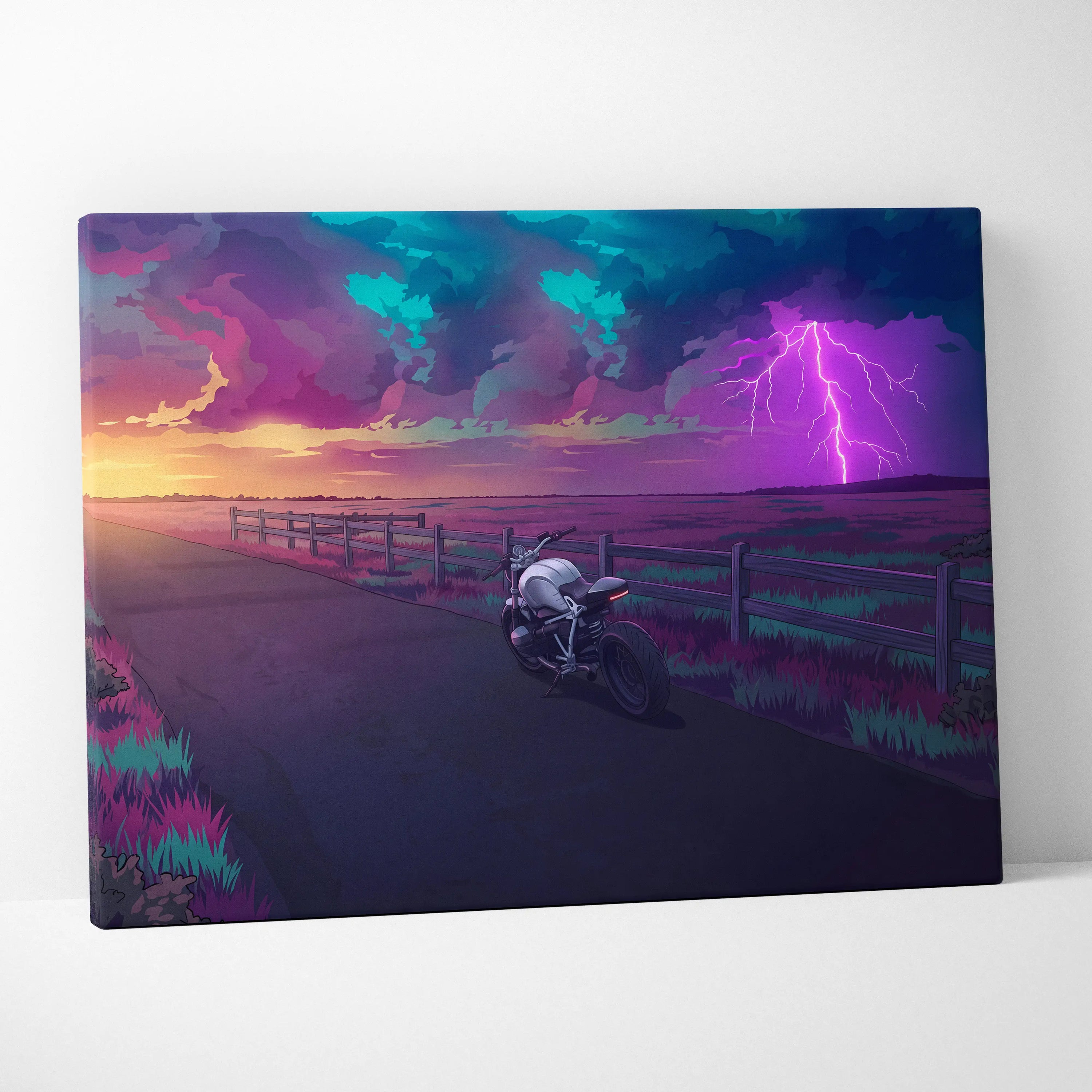 BMW R NineT Inspired Silver Purple Motorcycle Canvas Wall Art Vaporwave Storm Scene Café Racer Garage Decor Neon Lightning Road Artwork