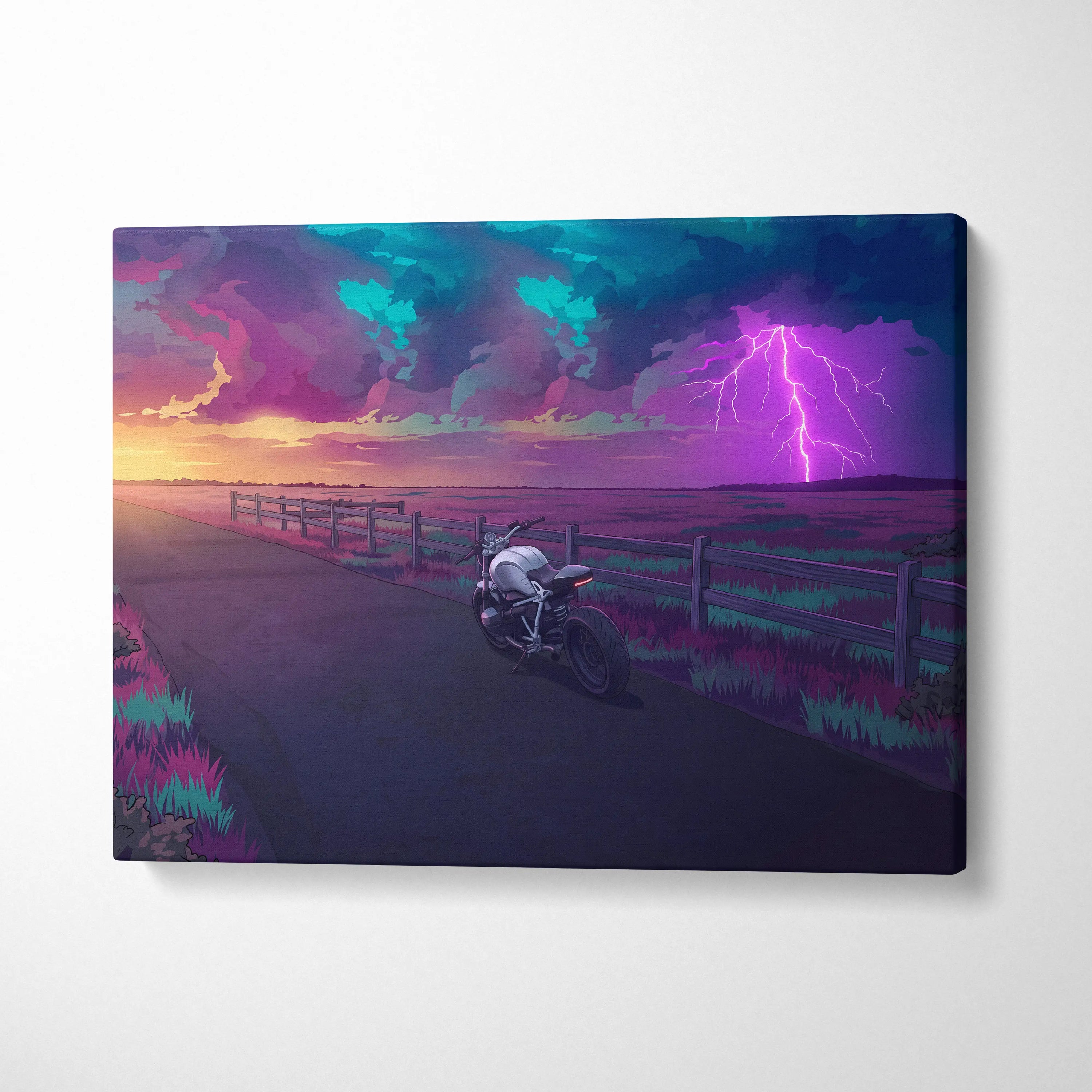 BMW R NineT Inspired Silver Purple Motorcycle Canvas Wall Art Vaporwave Storm Scene Café Racer Garage Decor Neon Lightning Road Artwork