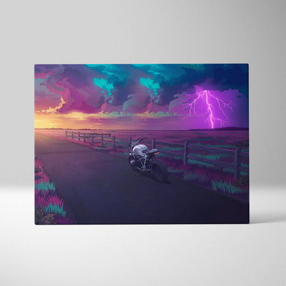 BMW R NineT Inspired Silver Purple Motorcycle Canvas Wall Art Vaporwave Storm Scene Café Racer Garage Decor Neon Lightning Road Artwork