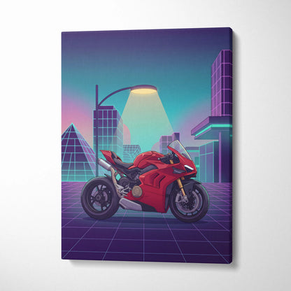 Ducati Panigale V4 Inspired Red Purple Motorcycle Canvas Wall Art Vaporwave Neon City Sportbike Garage Decor Retro Futuristic Racing Artwork