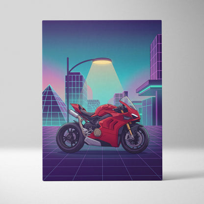 Ducati Panigale V4 Inspired Red Purple Motorcycle Canvas Wall Art Vaporwave Neon City Sportbike Garage Decor Retro Futuristic Racing Artwork