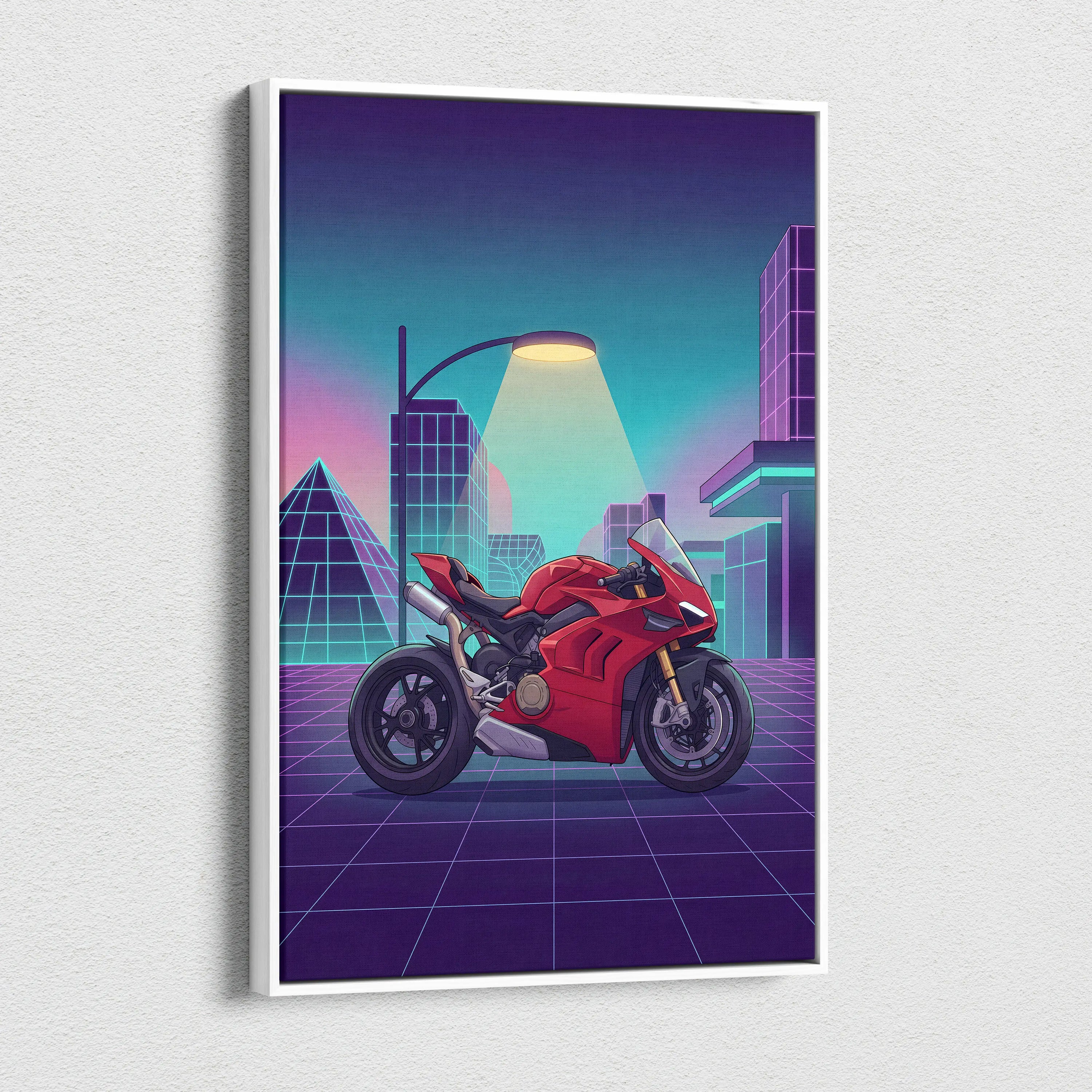 Ducati Panigale V4 Inspired Red Purple Motorcycle Canvas Wall Art Vaporwave Neon City Sportbike Garage Decor Retro Futuristic Racing Artwork