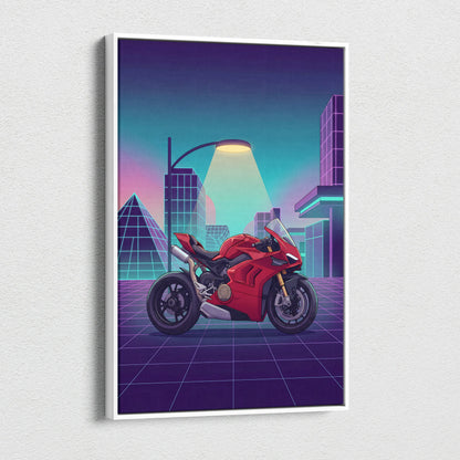 Ducati Panigale V4 Inspired Red Purple Motorcycle Canvas Wall Art Vaporwave Neon City Sportbike Garage Decor Retro Futuristic Racing Artwork