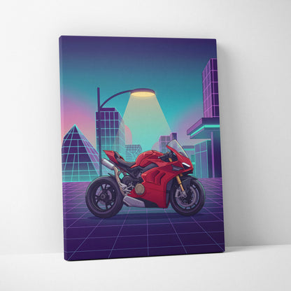 Ducati Panigale V4 Inspired Red Purple Motorcycle Canvas Wall Art Vaporwave Neon City Sportbike Garage Decor Retro Futuristic Racing Artwork