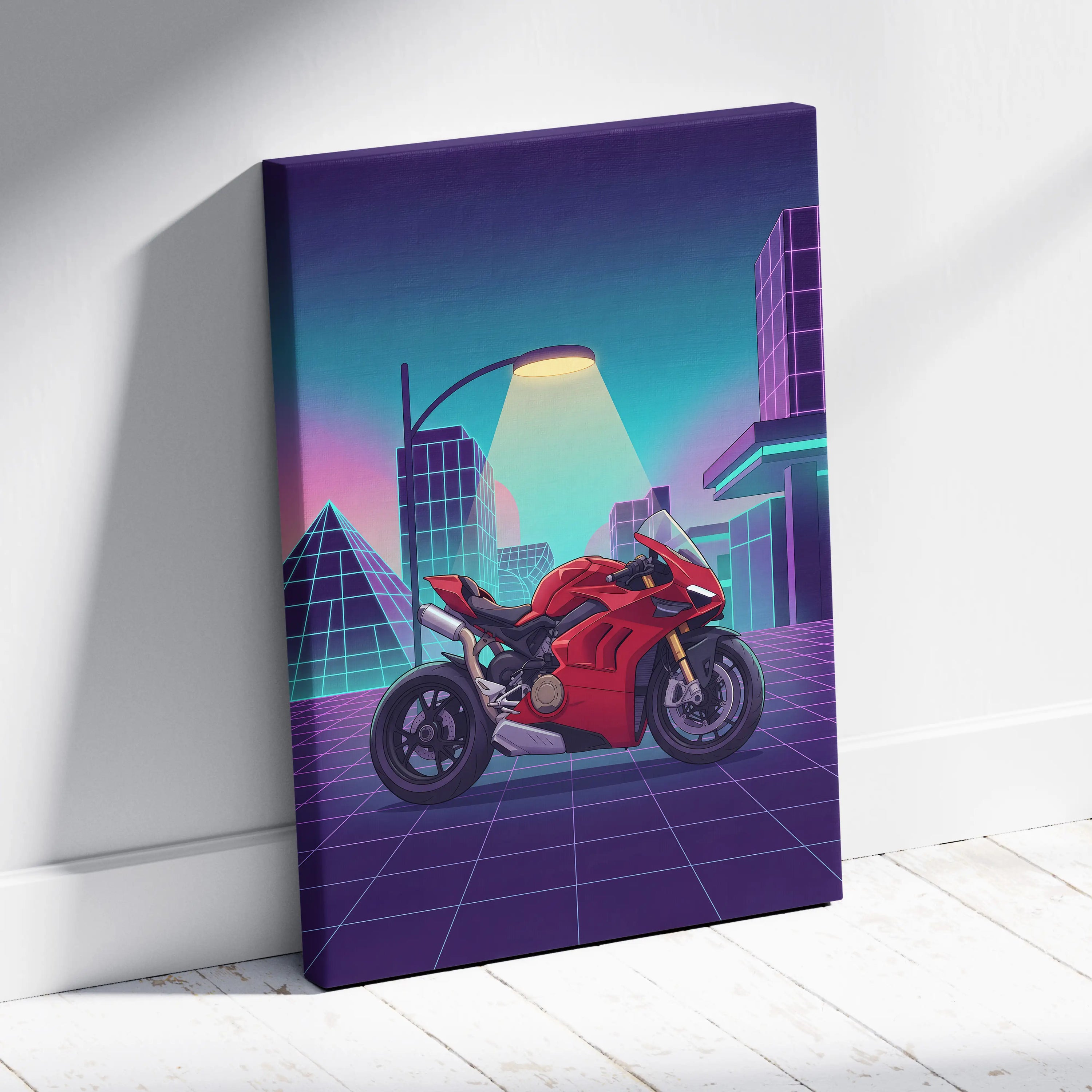 Ducati Panigale V4 Inspired Red Purple Motorcycle Canvas Wall Art Vaporwave Neon City Sportbike Garage Decor Retro Futuristic Racing Artwork