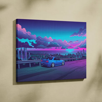 Nissan Skyline GT-R R34 Inspired Blue Purple City Canvas Wall Art Vaporwave JDM Car Artwork, Neon Skyline Garage Decor Retro Futuristic Print