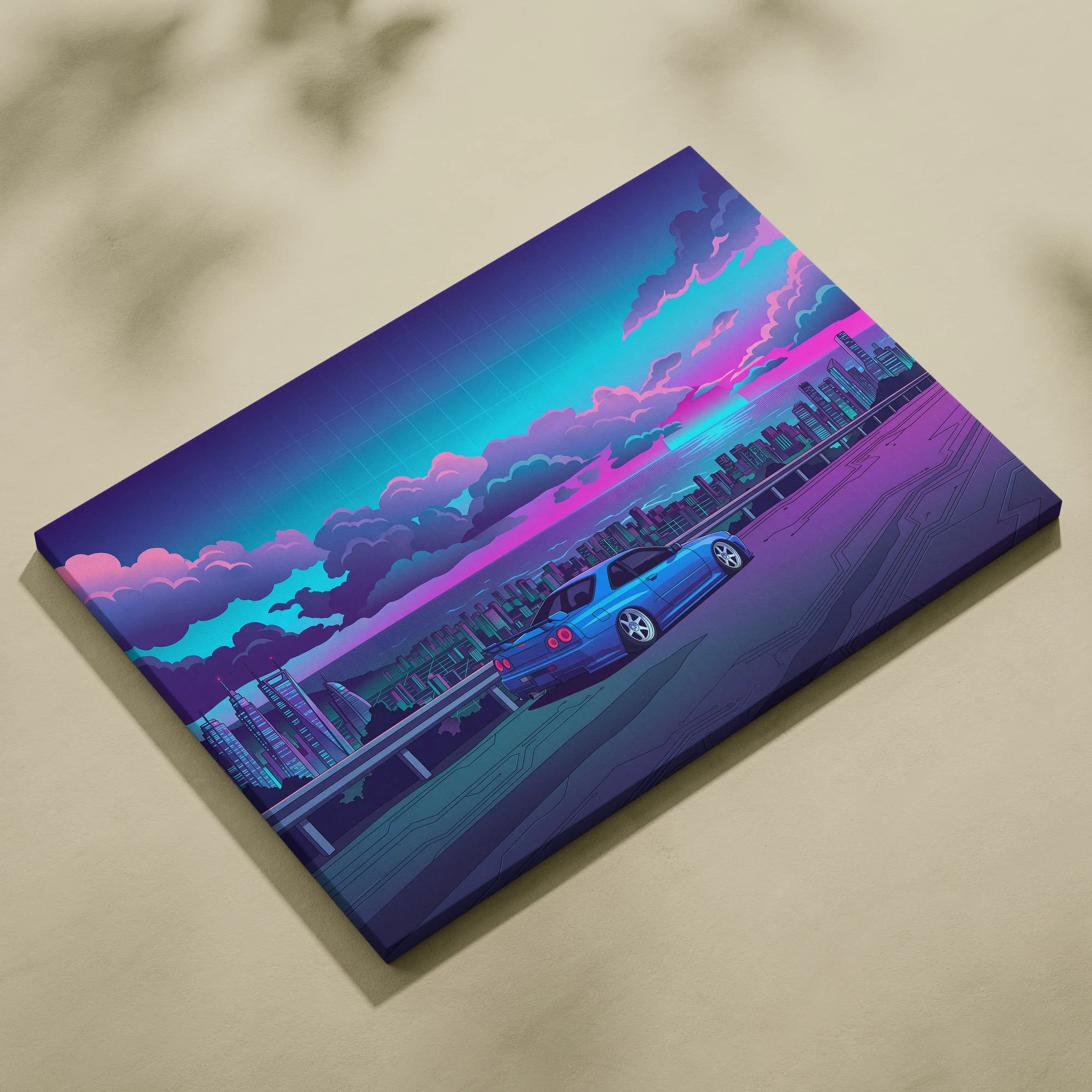 Nissan Skyline GT-R R34 Inspired Blue Purple City Canvas Wall Art Vaporwave JDM Car Artwork, Neon Skyline Garage Decor Retro Futuristic Print