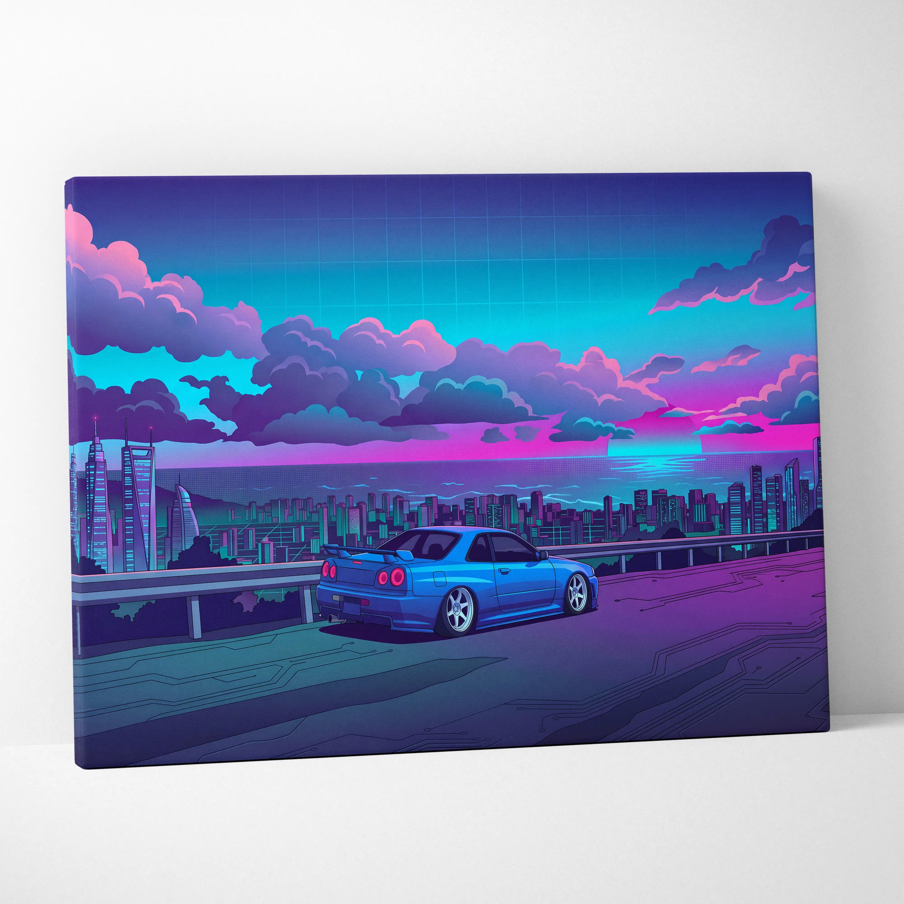 Nissan Skyline GT-R R34 Inspired Blue Purple City Canvas Wall Art Vaporwave JDM Car Artwork, Neon Skyline Garage Decor Retro Futuristic Print