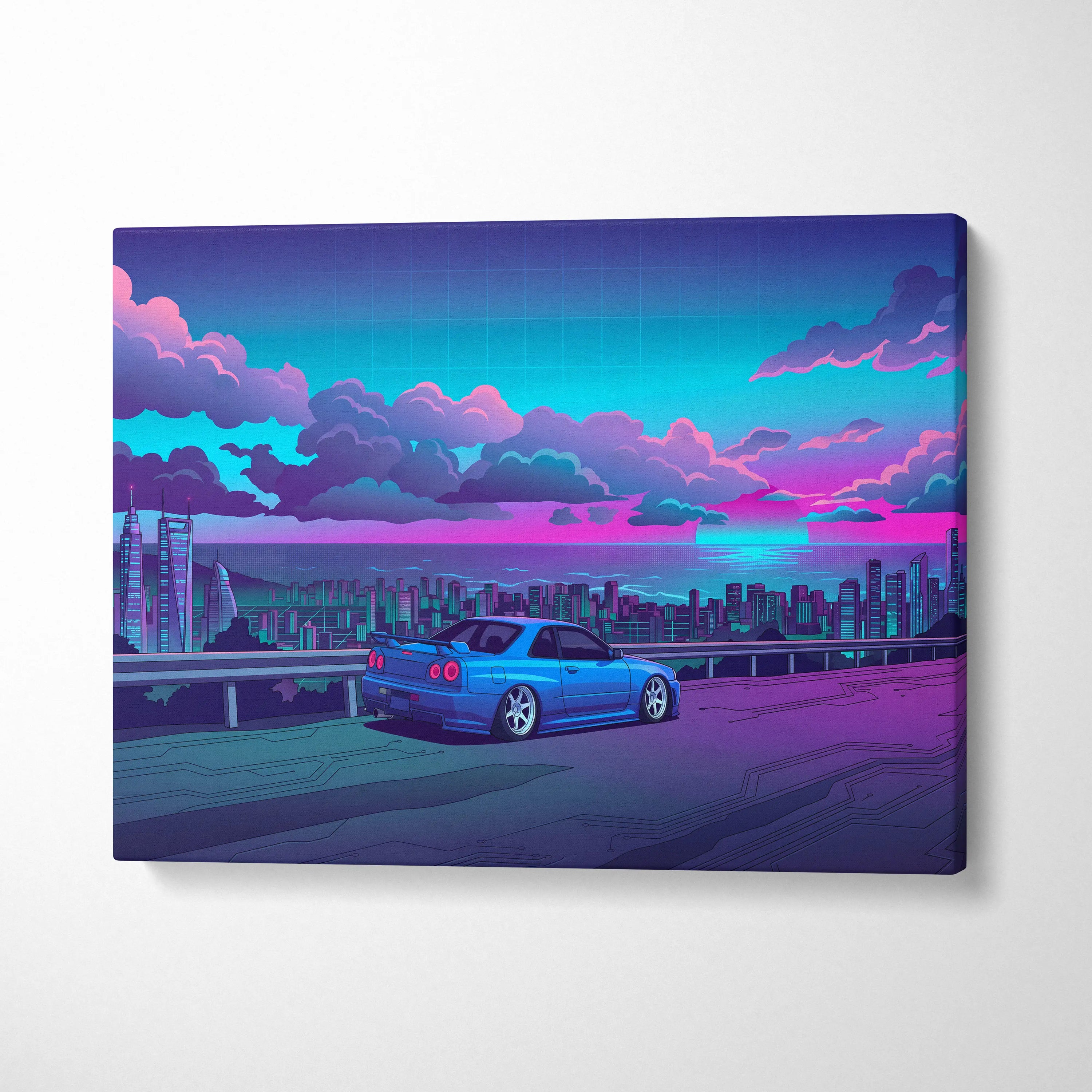 Nissan Skyline GT-R R34 Inspired Blue Purple City Canvas Wall Art Vaporwave JDM Car Artwork, Neon Skyline Garage Decor Retro Futuristic Print