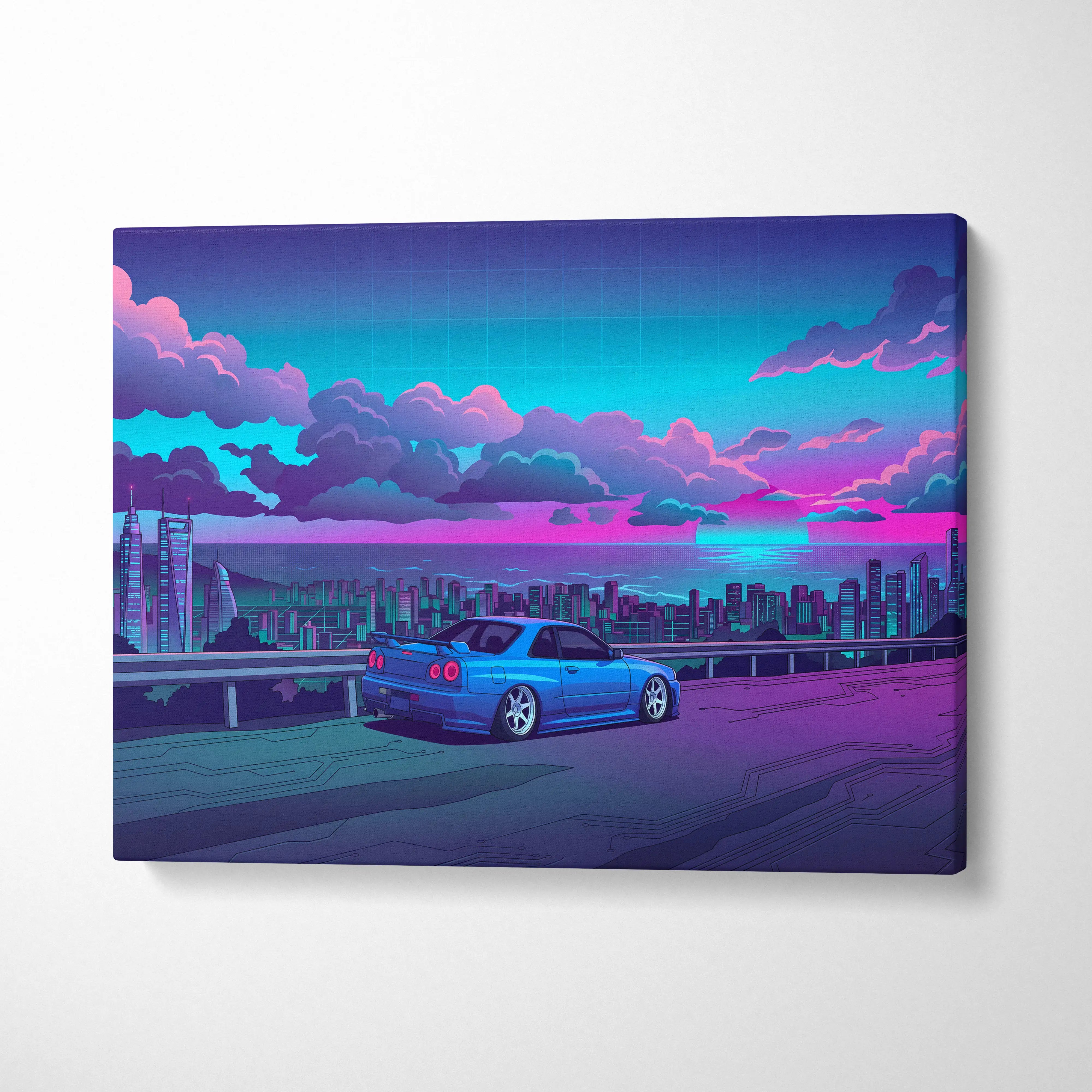Nissan Skyline GT-R R34 Inspired Blue Purple City Canvas Wall Art Vaporwave JDM Car Artwork, Neon Skyline Garage Decor Retro Futuristic Print