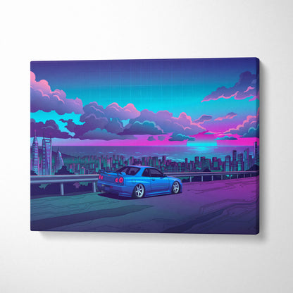 Nissan Skyline GT-R R34 Inspired Blue Purple City Canvas Wall Art Vaporwave JDM Car Artwork, Neon Skyline Garage Decor Retro Futuristic Print