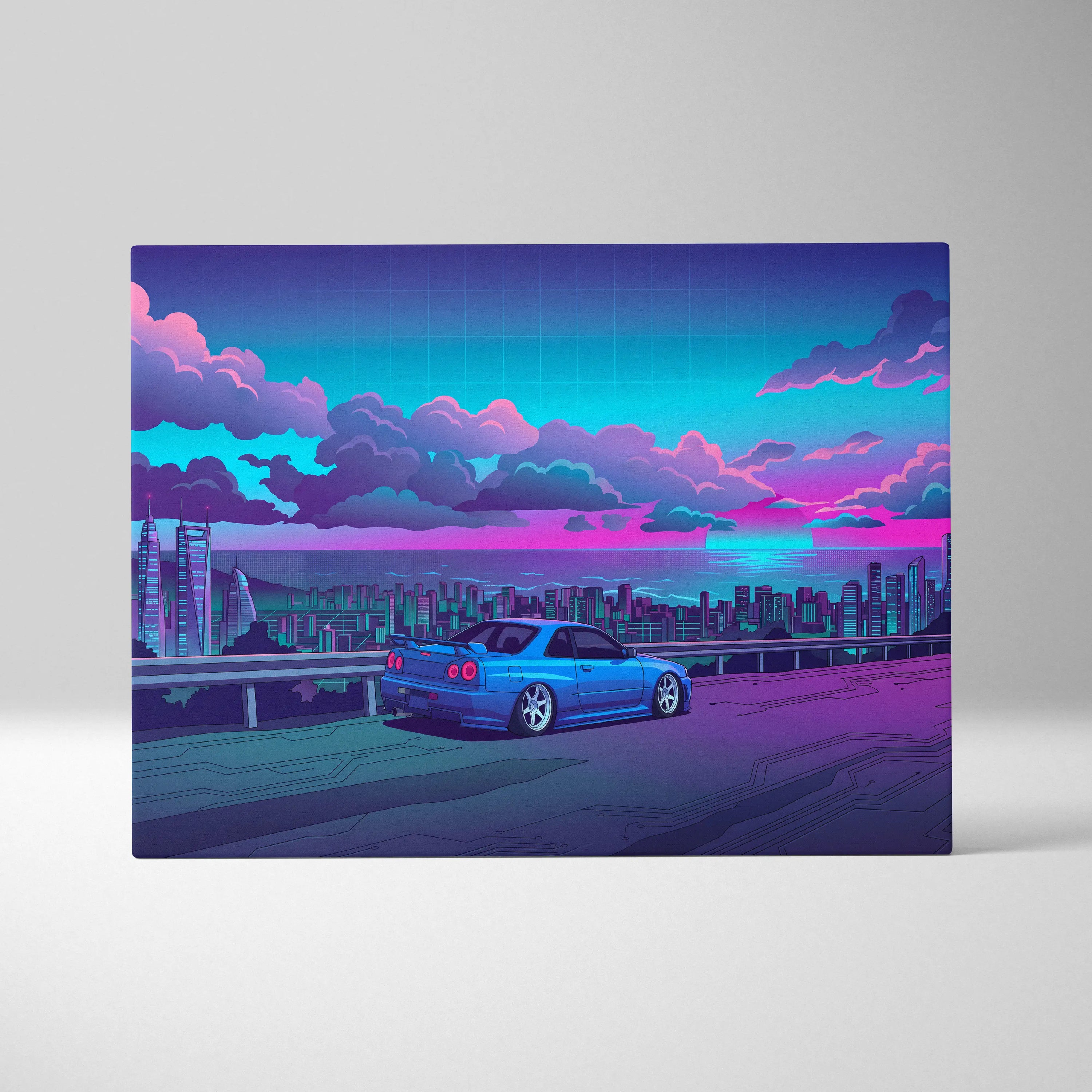 Nissan Skyline GT-R R34 Inspired Blue Purple City Canvas Wall Art Vaporwave JDM Car Artwork, Neon Skyline Garage Decor Retro Futuristic Print