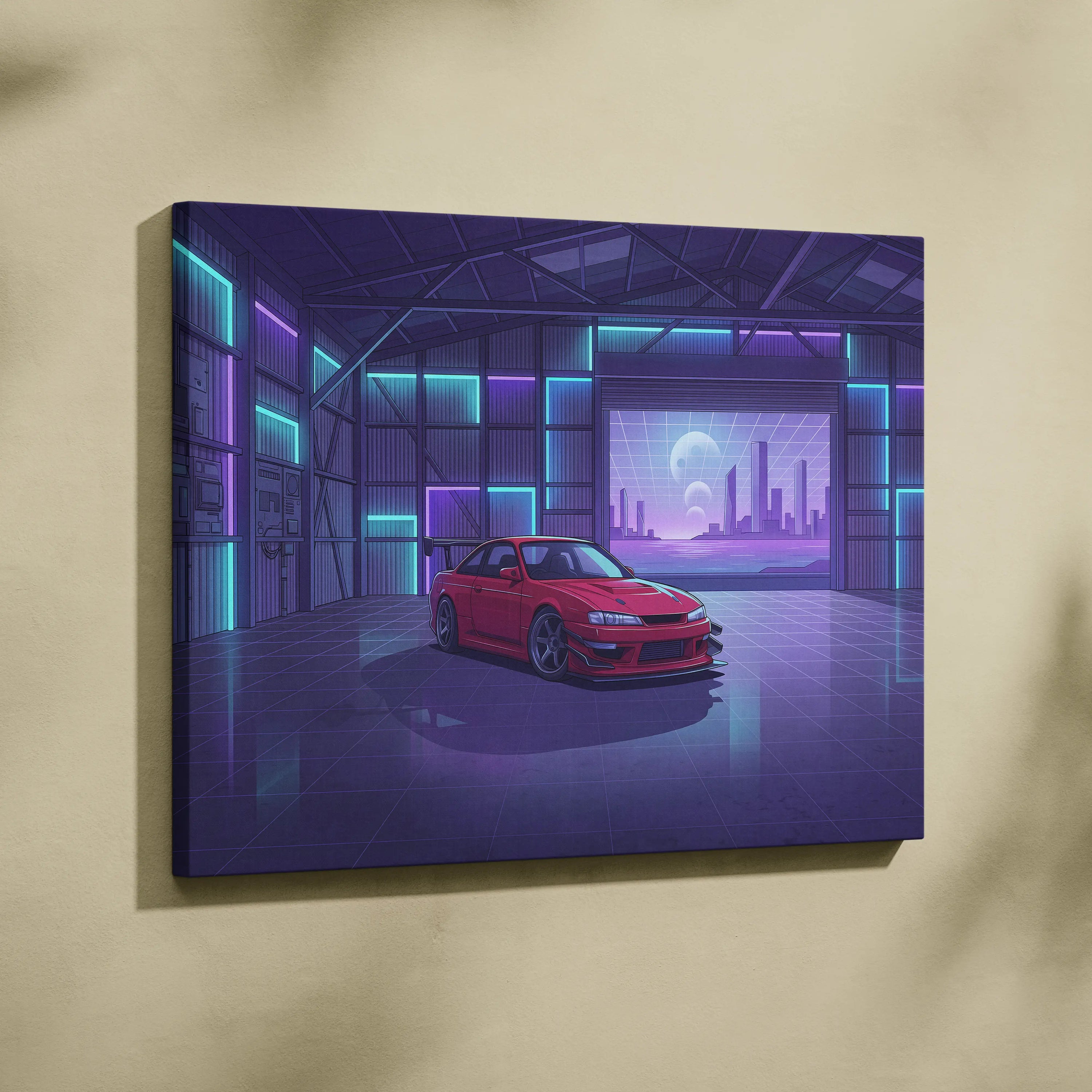 Nissan Silvia S14 Inspired Red Purple Garage Canvas Wall Art Vaporwave JDM Car Artwork, Neon Warehouse Decor Retro Futuristic Print