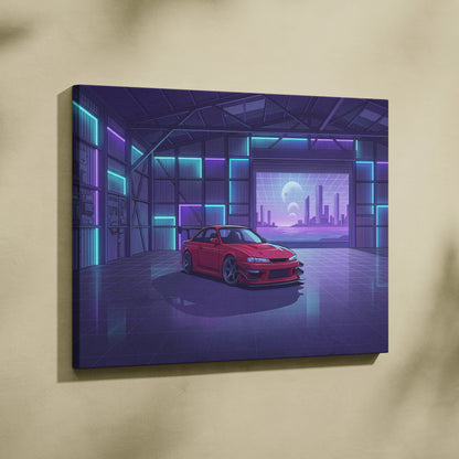 Nissan Silvia S14 Inspired Red Purple Garage Canvas Wall Art Vaporwave JDM Car Artwork, Neon Warehouse Decor Retro Futuristic Print