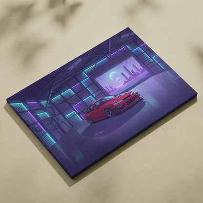 Nissan Silvia S14 Inspired Red Purple Garage Canvas Wall Art Vaporwave JDM Car Artwork, Neon Warehouse Decor Retro Futuristic Print