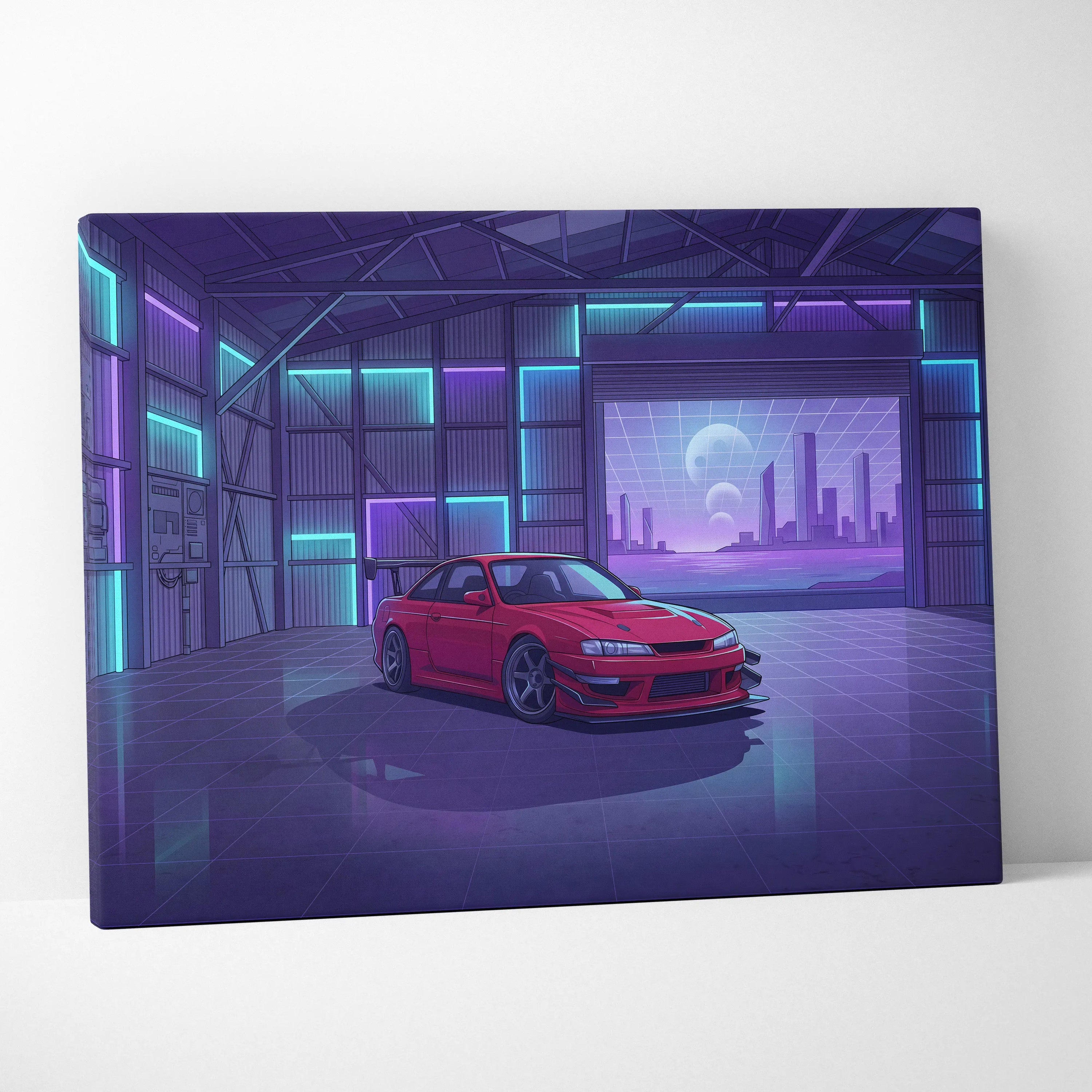 Nissan Silvia S14 Inspired Red Purple Garage Canvas Wall Art Vaporwave JDM Car Artwork, Neon Warehouse Decor Retro Futuristic Print
