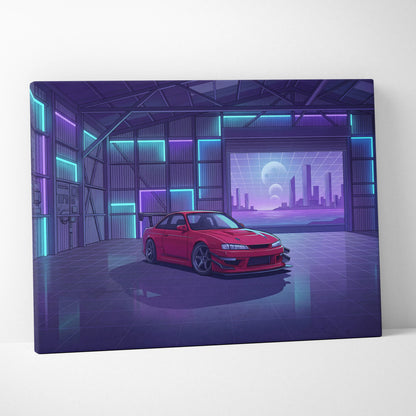 Nissan Silvia S14 Inspired Red Purple Garage Canvas Wall Art Vaporwave JDM Car Artwork, Neon Warehouse Decor Retro Futuristic Print