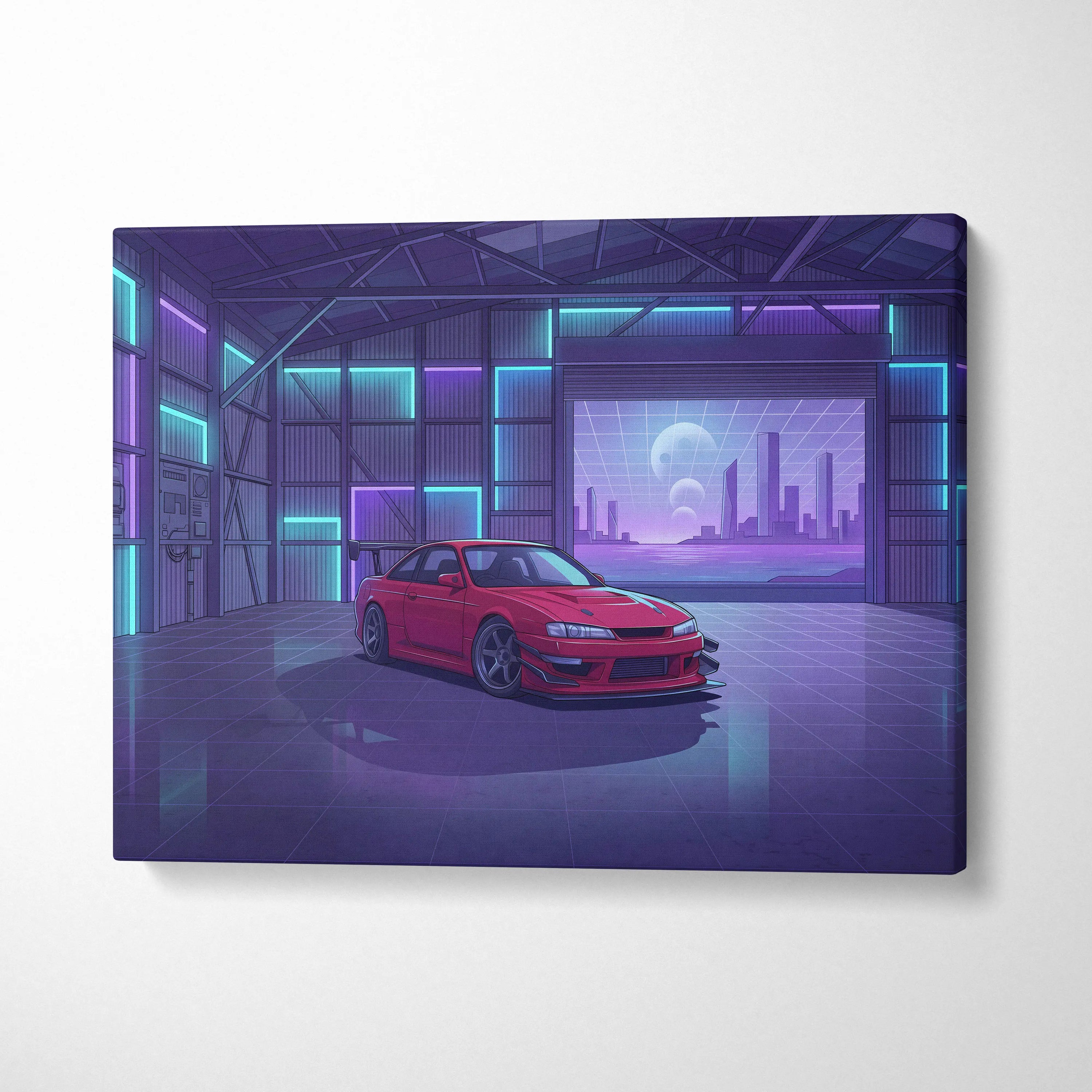 Nissan Silvia S14 Inspired Red Purple Garage Canvas Wall Art Vaporwave JDM Car Artwork, Neon Warehouse Decor Retro Futuristic Print