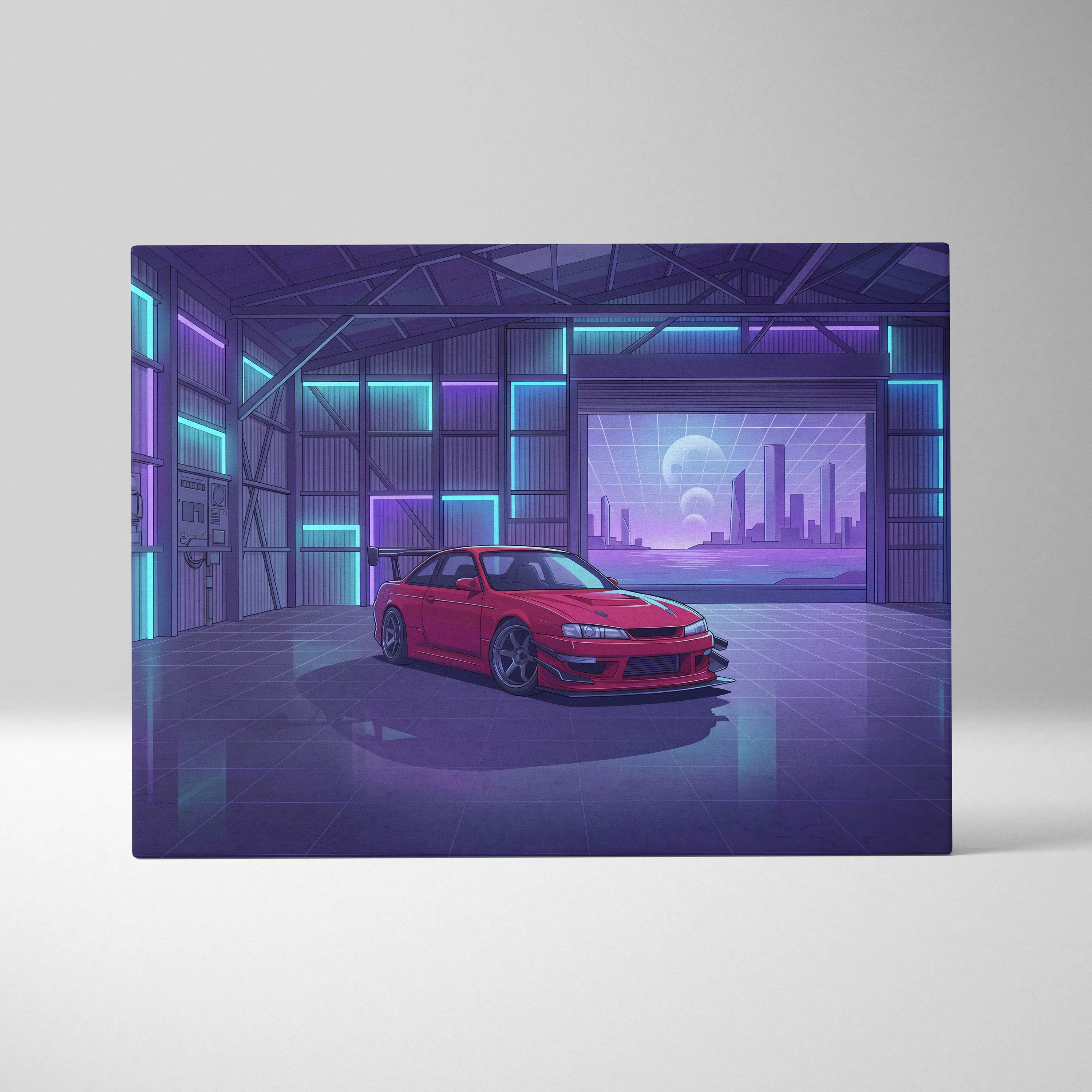 Nissan Silvia S14 Inspired Red Purple Garage Canvas Wall Art Vaporwave JDM Car Artwork, Neon Warehouse Decor Retro Futuristic Print