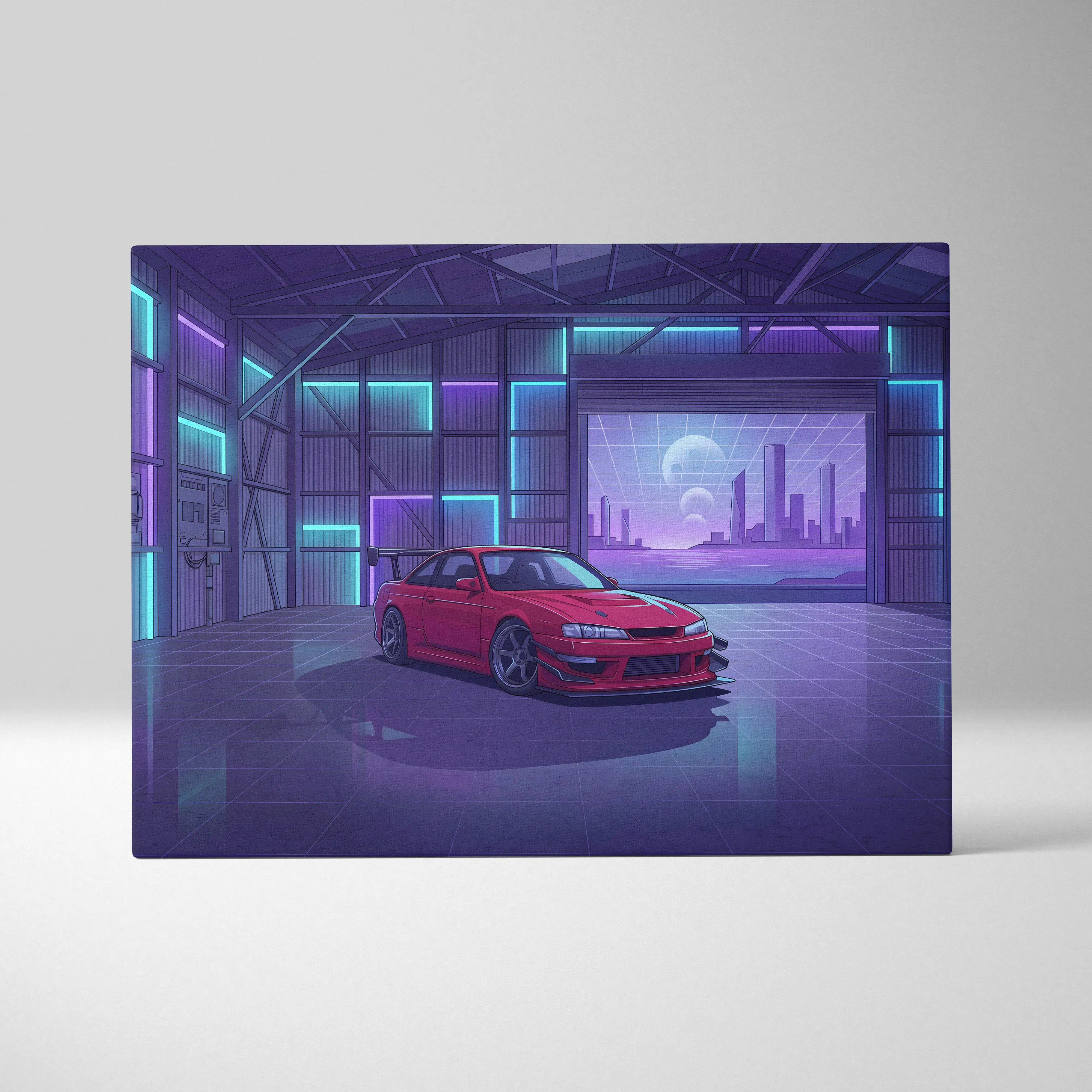 Nissan Silvia S14 Inspired Red Purple Garage Canvas Wall Art Vaporwave JDM Car Artwork, Neon Warehouse Decor Retro Futuristic Print