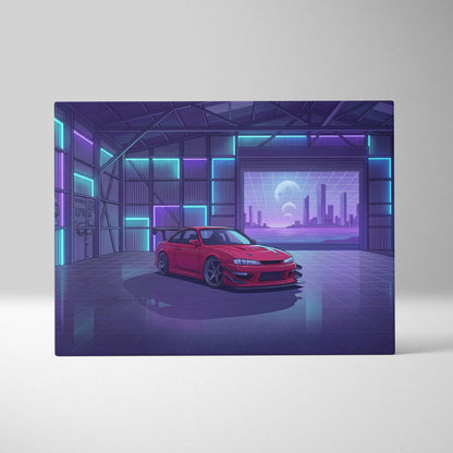 Nissan Silvia S14 Inspired Red Purple Garage Canvas Wall Art Vaporwave JDM Car Artwork, Neon Warehouse Decor Retro Futuristic Print
