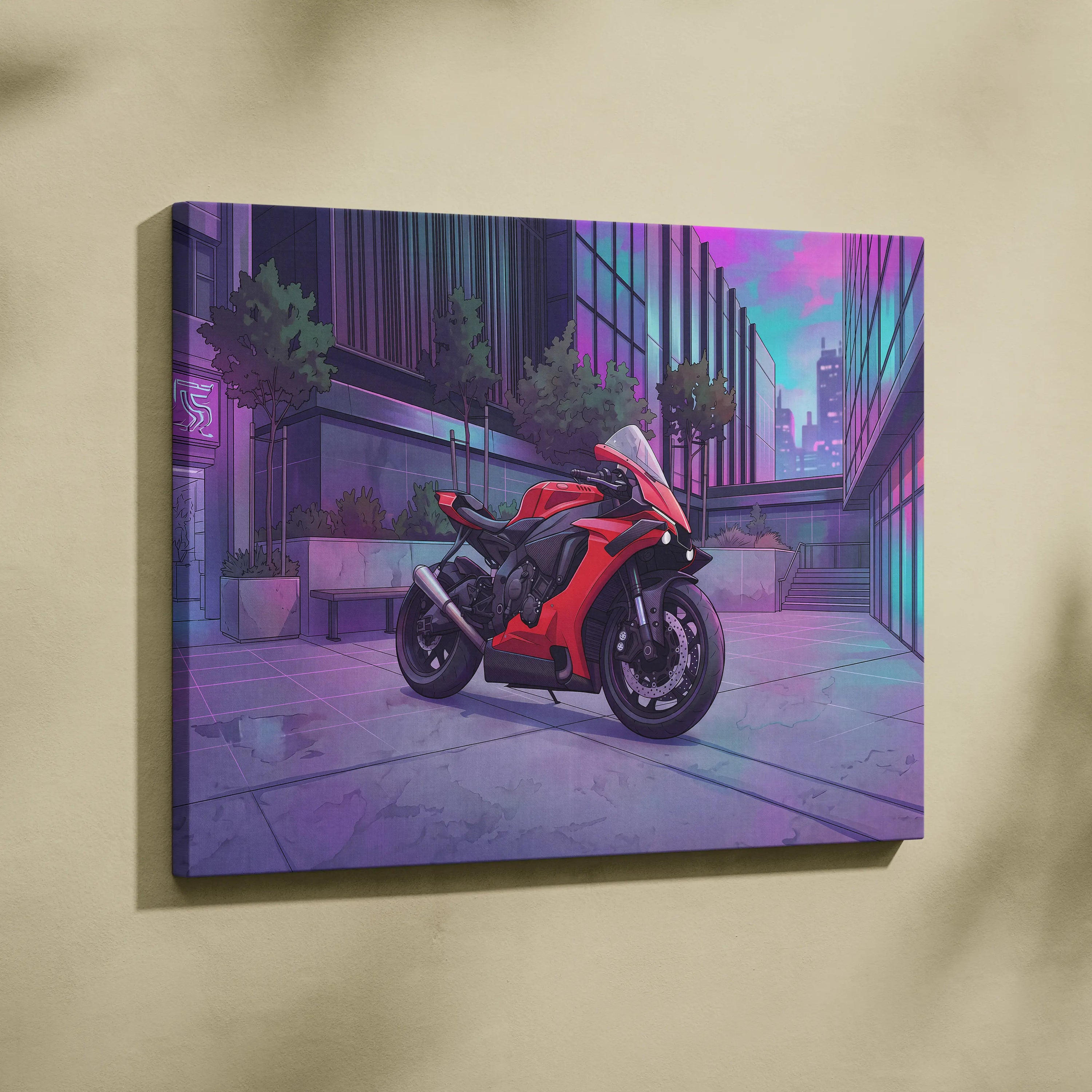 Yamaha R1 Inspired Red Purple Motorcycle Canvas Wall Art Vaporwave Neon City Sportbike Garage Decor Modern Racing Artwork