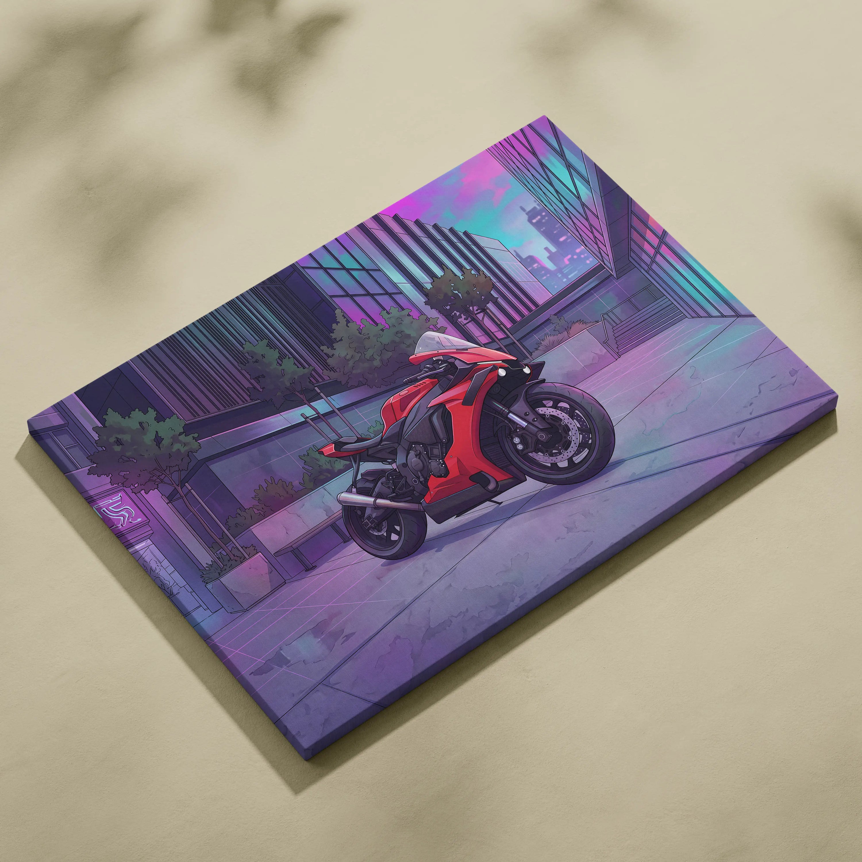 Yamaha R1 Inspired Red Purple Motorcycle Canvas Wall Art Vaporwave Neon City Sportbike Garage Decor Modern Racing Artwork